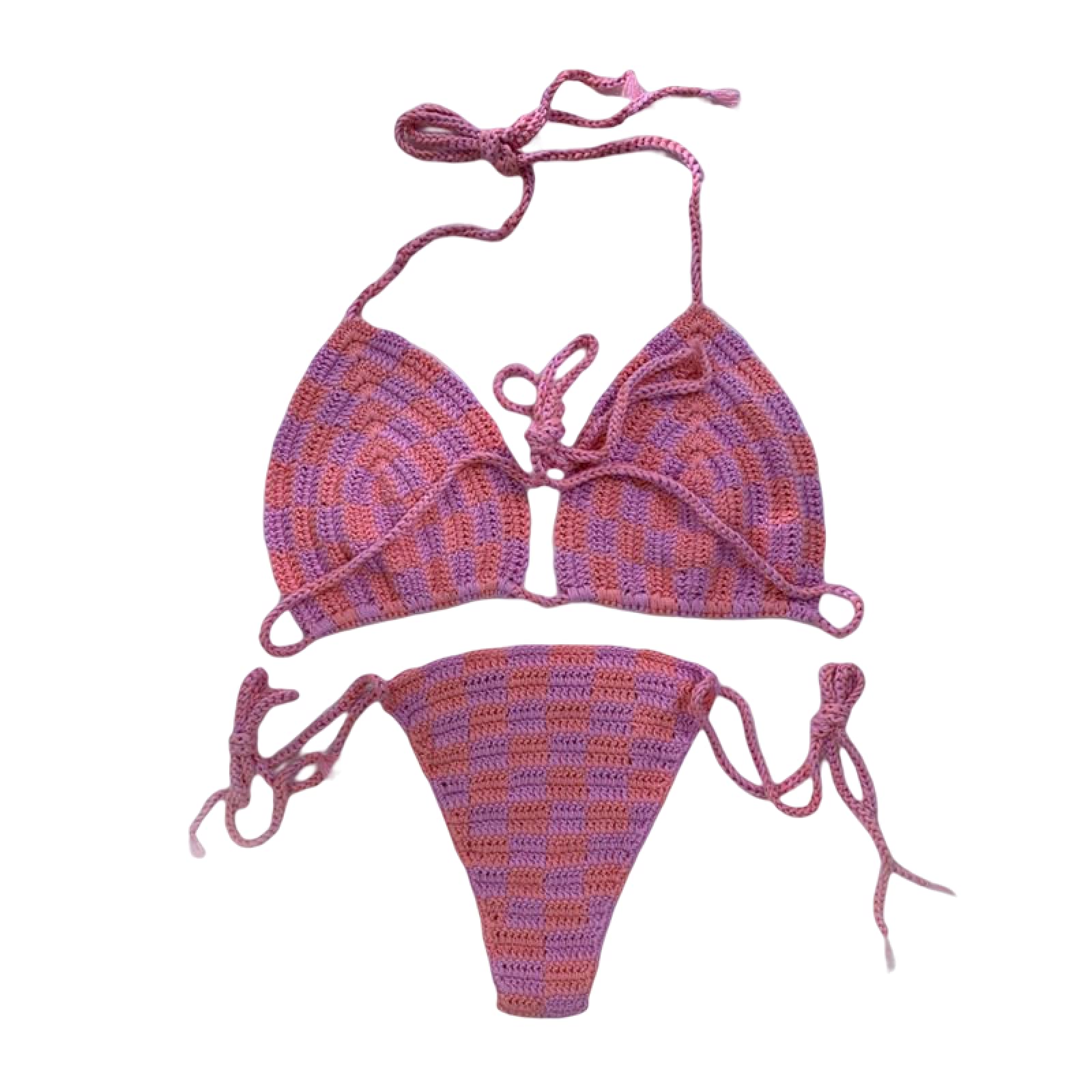 Conjunto De Bikini Rosa Traje De Baño De Copa Ajustable De Ganchillo Hecho A Mano Traje De Baño Sexy De Verano Sin Espalda Dividido Ropa De Playa Lencería