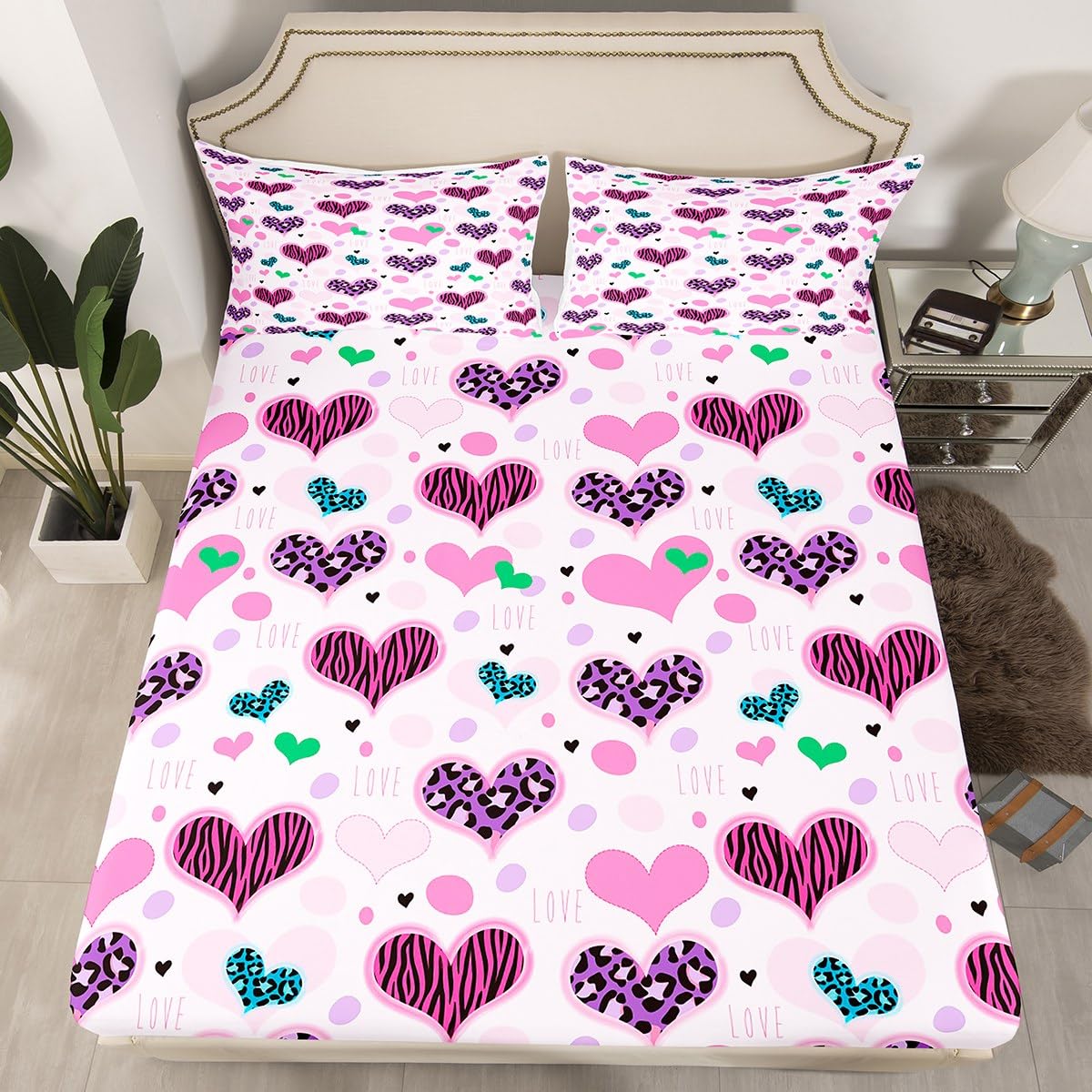 Homemissing Set di lenzuola per bambini, ragazzi e ragazze, con stampa a cuore ghepardo, con tasca profonda, lenzuolo con angoli, per letto singolo, romantico, decorazione per San Valentino, set di
