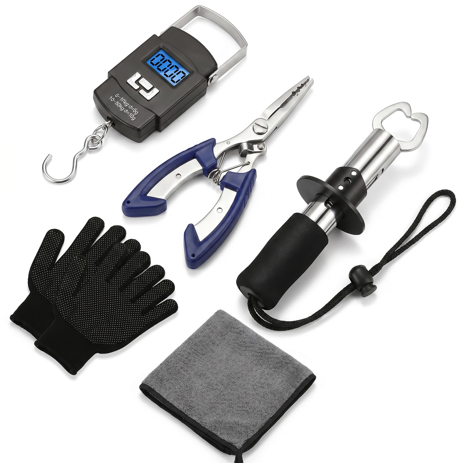 Fishing Tool Kit - Fishing Pliers, Hook Remover, Fish Gripper，Fish Scale, Fish Knife, Saltwater Fishing Gear with Sharpeners, Best Gifts for Men