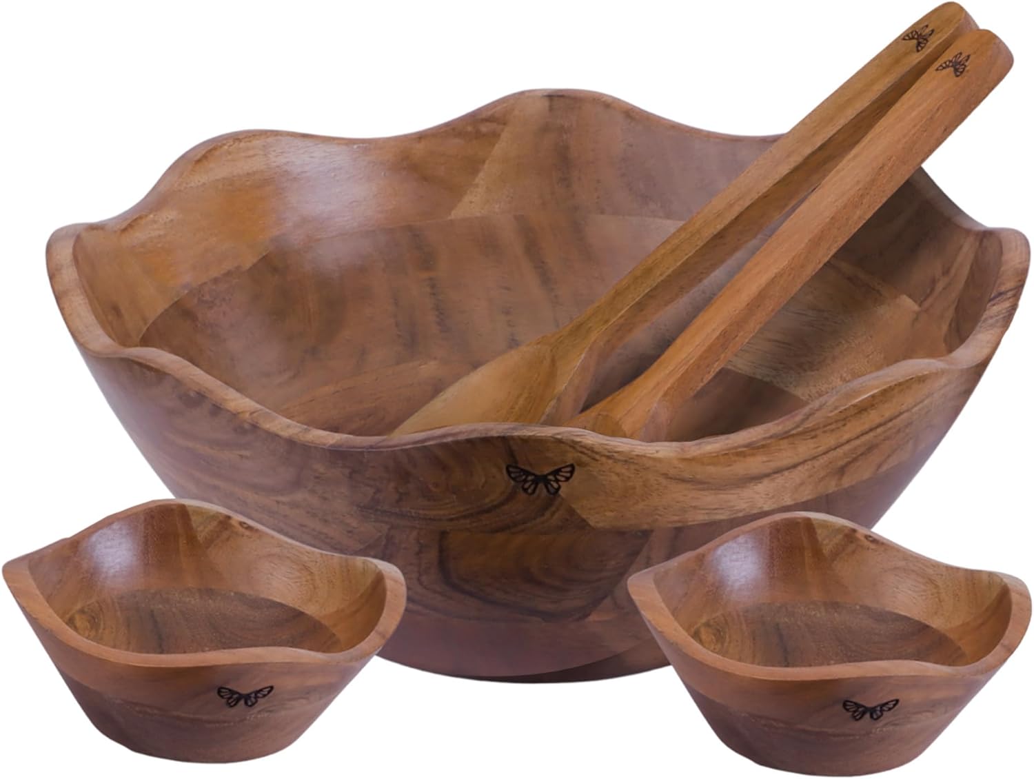Large Wooden Salad Bowl Set with 2 Small Bowls and 2 Serving Utensils | 12" & 6" Wide Natural Acacia Wood Bowls for Food | Mixing Pasta with Tongs | Easter Gifts (5) Thumbnail