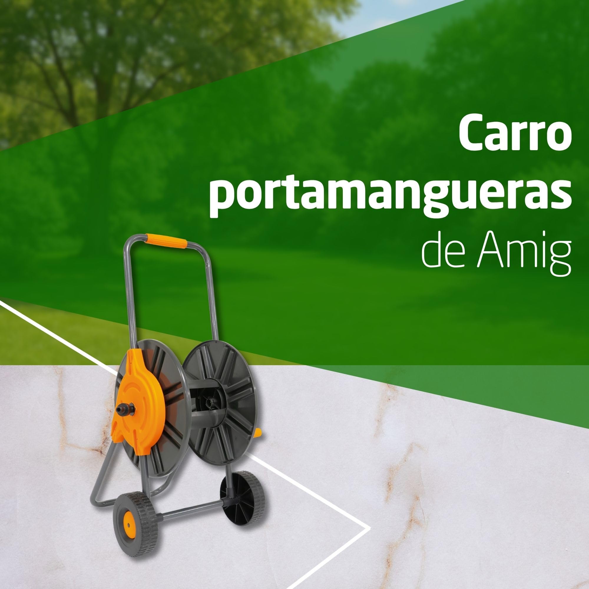 Amig - Carro Portamangueras - Para Mangueras de 1/2" - Enrollado Máximo de 60 m - Con Manivela para Enrollar Fácilmente - Polipropileno - Naranja y Gris