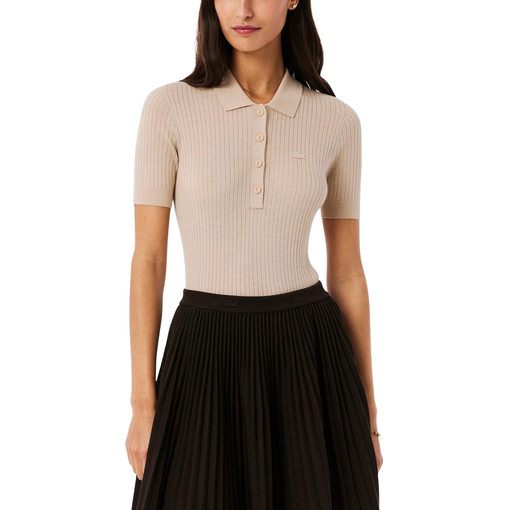 Womens 3D Rib Knit Polo Collar Merino Wool Sweater