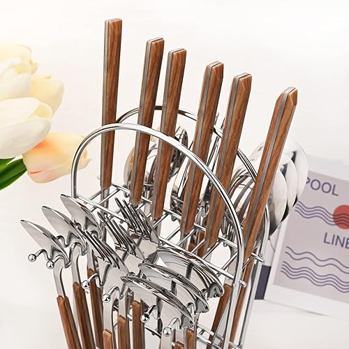 Miniatura 10 de Snplowum Juego de cubiertos de 24 piezas con soporte, utensilios de acero inoxidable con mango negro, un juego completo de cubiertos para la mayoría