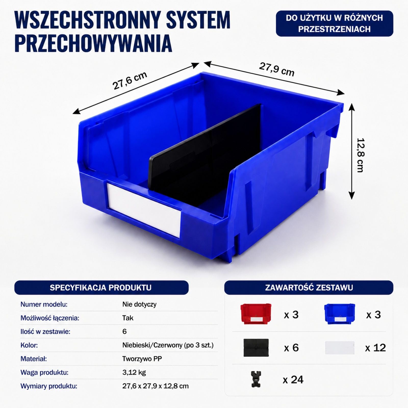Zestaw 6 plastikowych pudełek do przechowywania, składanych, niebieskich i czerwonych, z otwartym przodem do regału