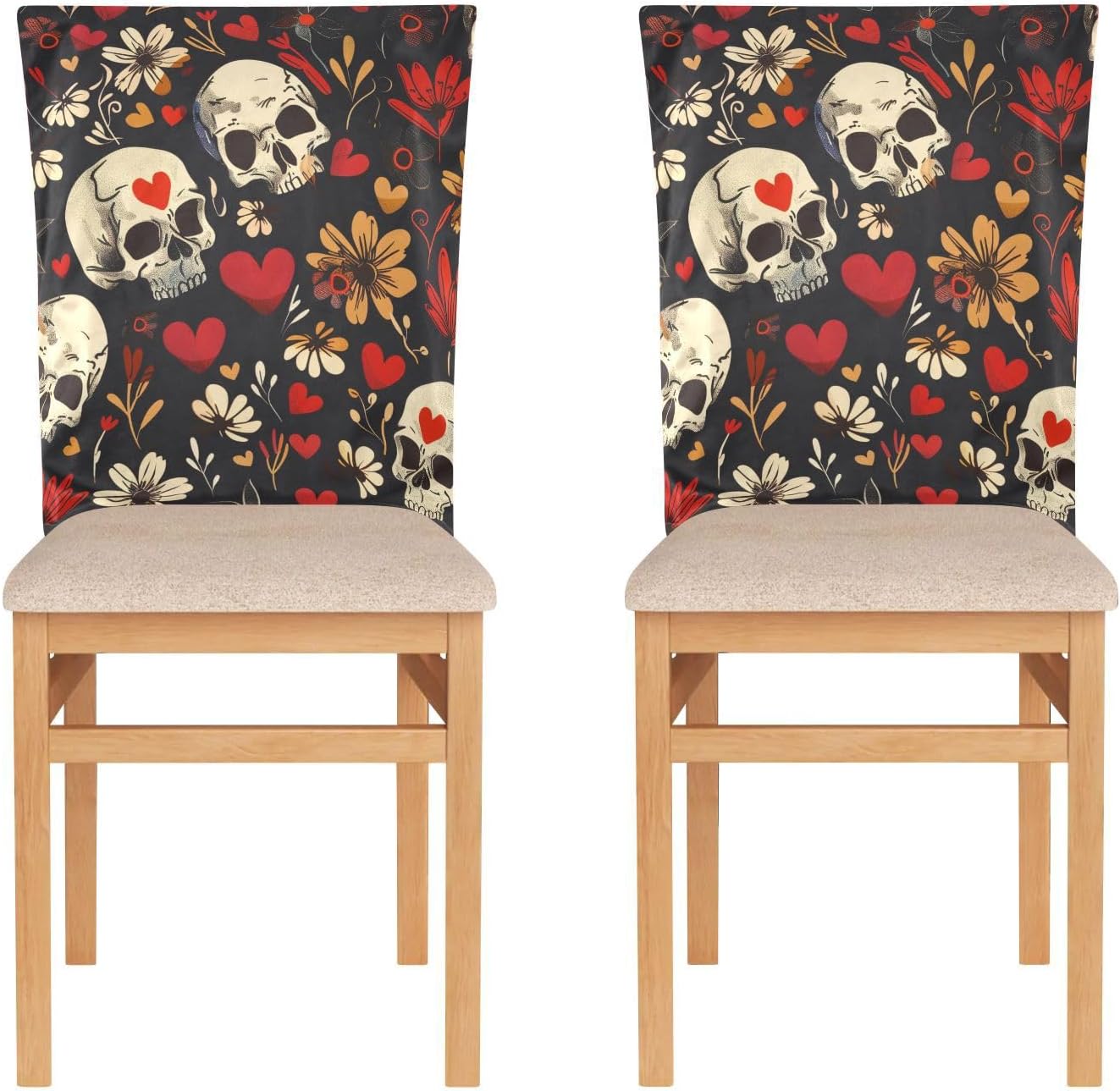 ALAZA Skulls Hearts Flowers Chair Back Cover Set of 6, Washable Reusable Removable Chair Slipcovers Decorative Chair Cover for Home Kitchen Wedding Party