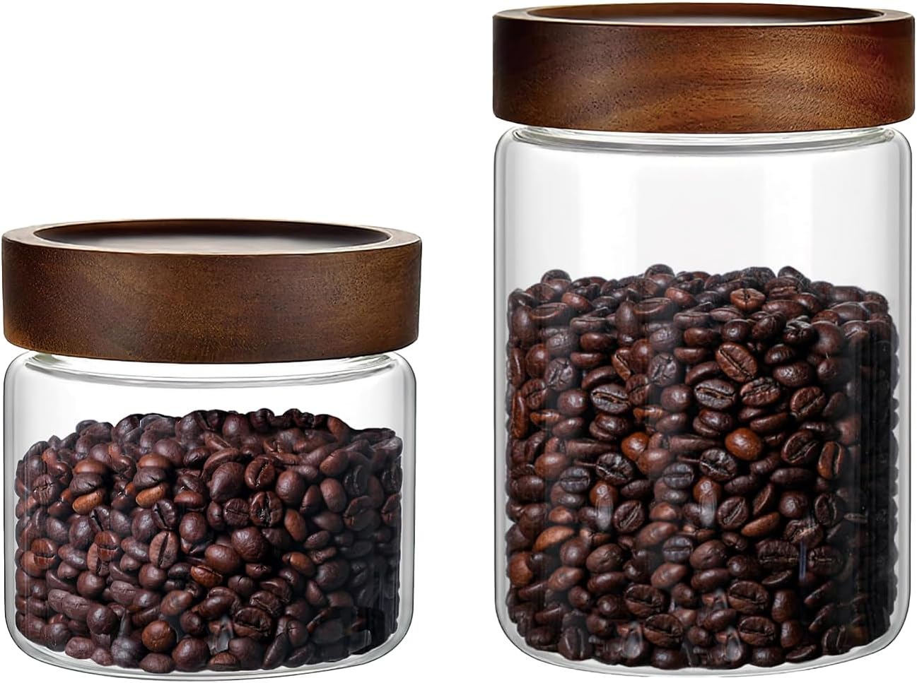 Set of 2 Glass Food Storage Jars, Premium Clear Glass Container Jar with Airtight Wooden Screw-on Lid, Kitchen Canisters for Coffee,Tea,Pasta,Cookies, Nuts,Spice,Candy,Overnight Oatmeal