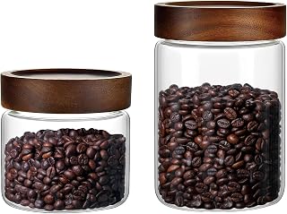 Set of 2 Glass Jars Food Storage Canister with Airtight Wooden Screw on Lid | Leak-proof, Premium Clear Glass Food Storage Containers for Coffee,Tea,Cereals,Snacks,Cookies,Nuts,Candy,Sugar,Overnight Oats