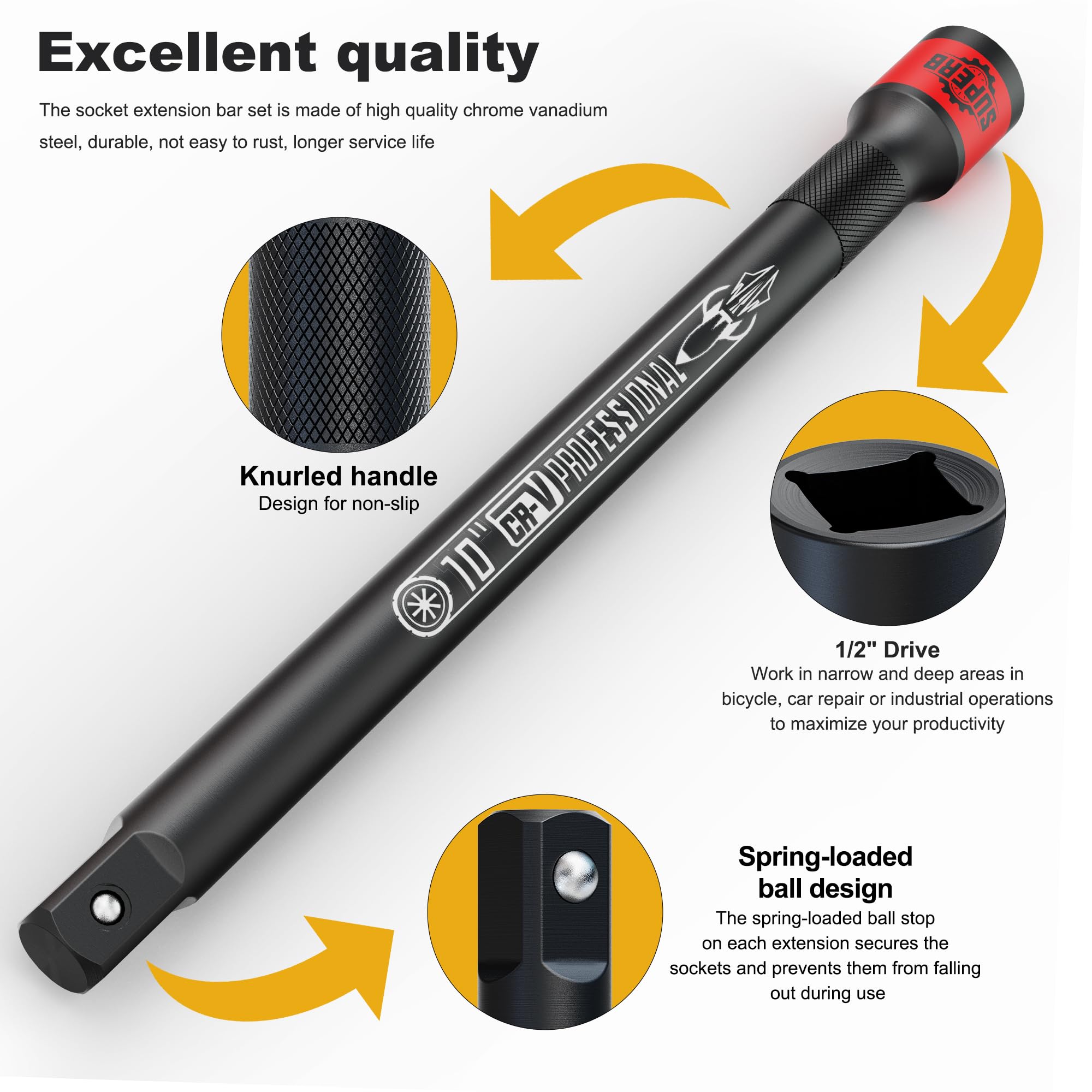 KIRXST 1/2" Impact Socket Extension Bar Set, 3 Piece Drive Extension Bar 75mm 125mm 250mm - Image 3