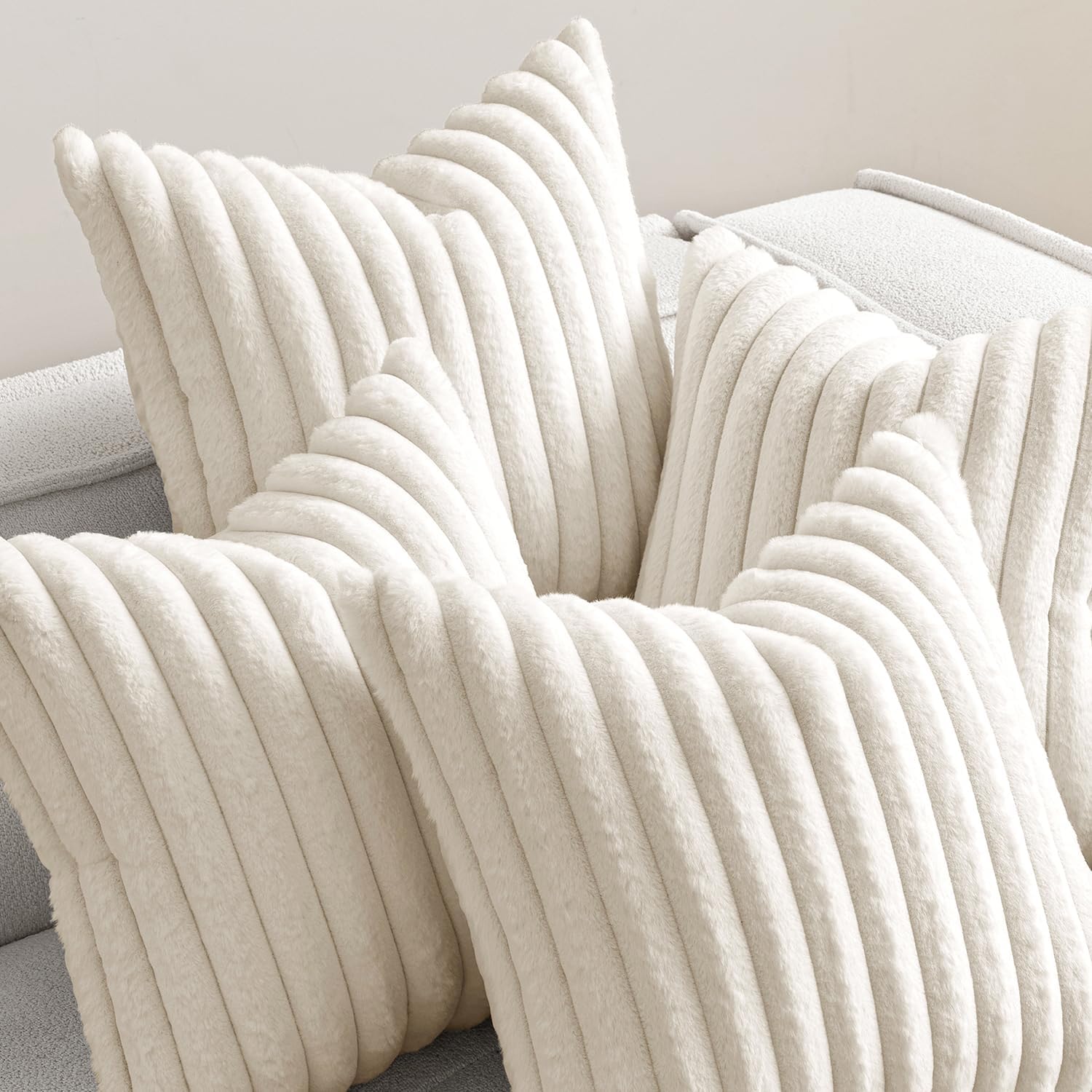 MIULEE Faux Fur Plush Decorative Throw Pillow Covers 18x18 Set of 4, Spring Modern Soft Fuzzy Striped Cushion Covers for Sofa Couch Bed Living Room Cozy Home Decor,Cream White