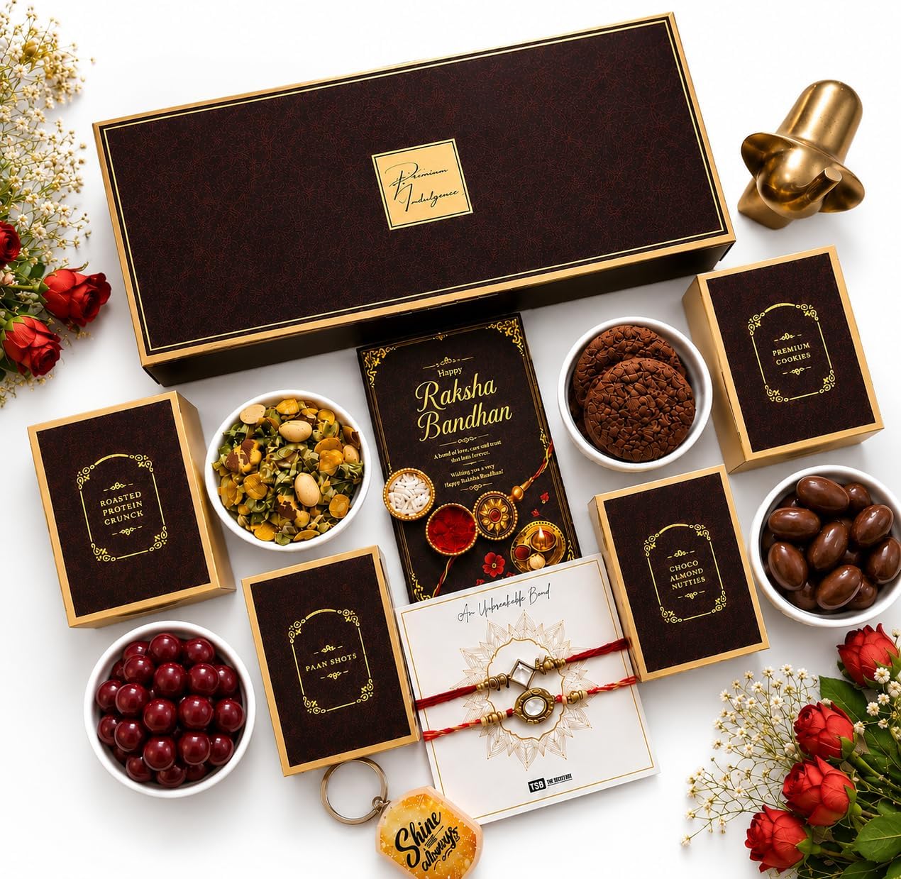 NutriSnacksbox Rakhi Gift Hamper for Brother with Elegant Red Potli| 1 Rakhi 1 Lumba| Roli Chawal | Tikka Stick | Chocolate Biscuits | Greeting Card-image-11