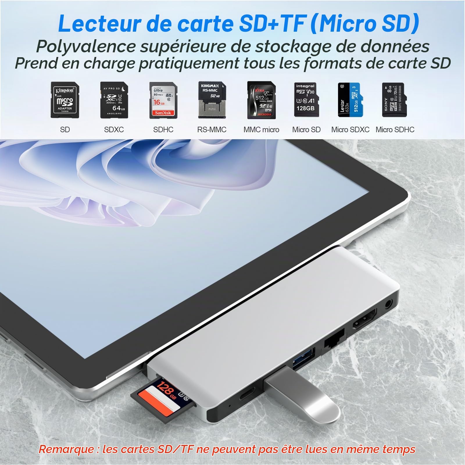 Surface Pro 11/10/9 Docking Station avec HDMI 4K, USB C Thunderbolt 4(vidéo 8K@30Hz+données 40Gbps+PD 100W), RJ45, 2*USB 3.0, Audio, Fente pour Carte SD/TF pour Surface Pro 11/10/9