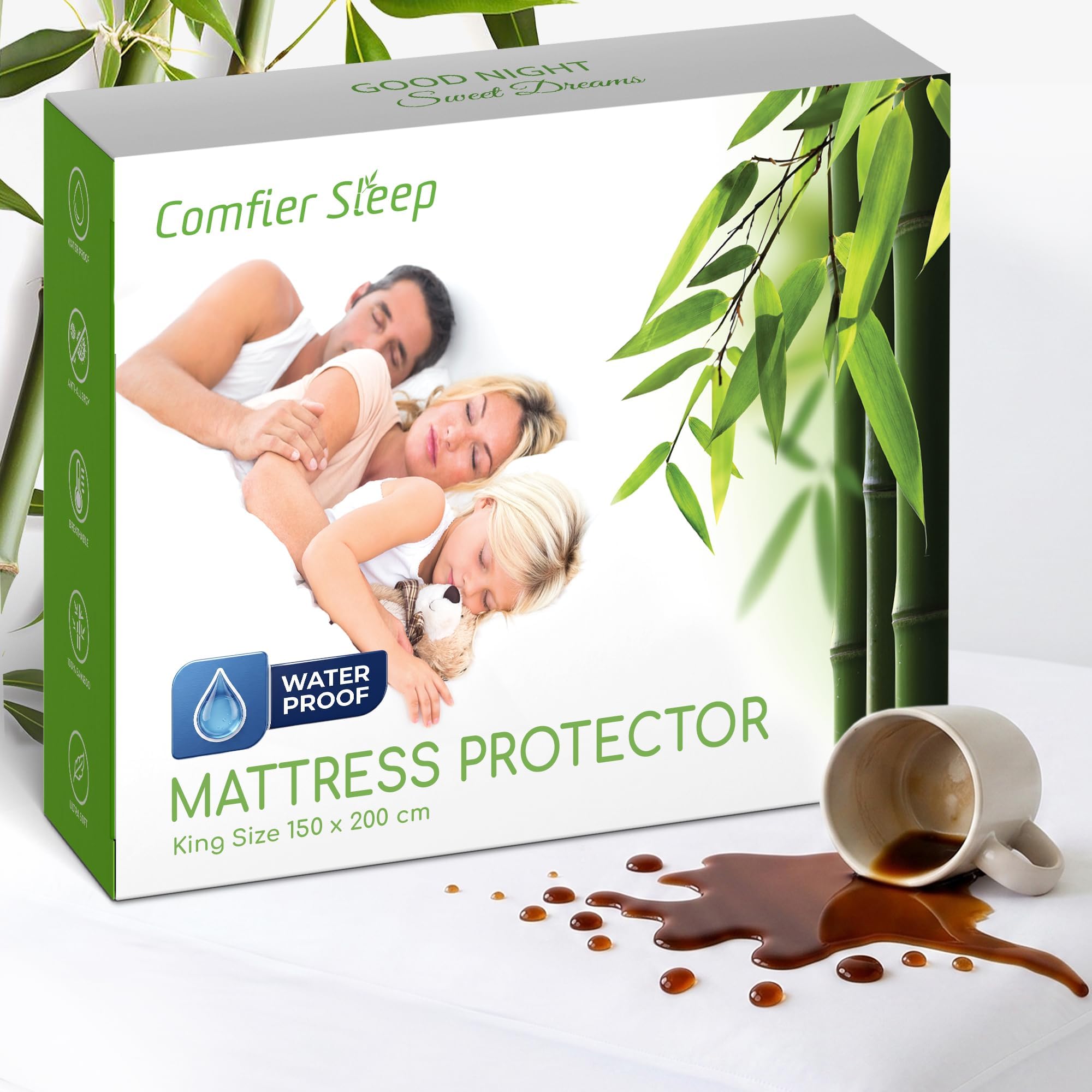 Bamboo Mattress Protector 150x200cm - Cooling - King Size Mattress Cover | Waterproof, Naturally Cooling Mattress Protector, Breathable, Hypoallergenic, Certified, Washable And Noiseless