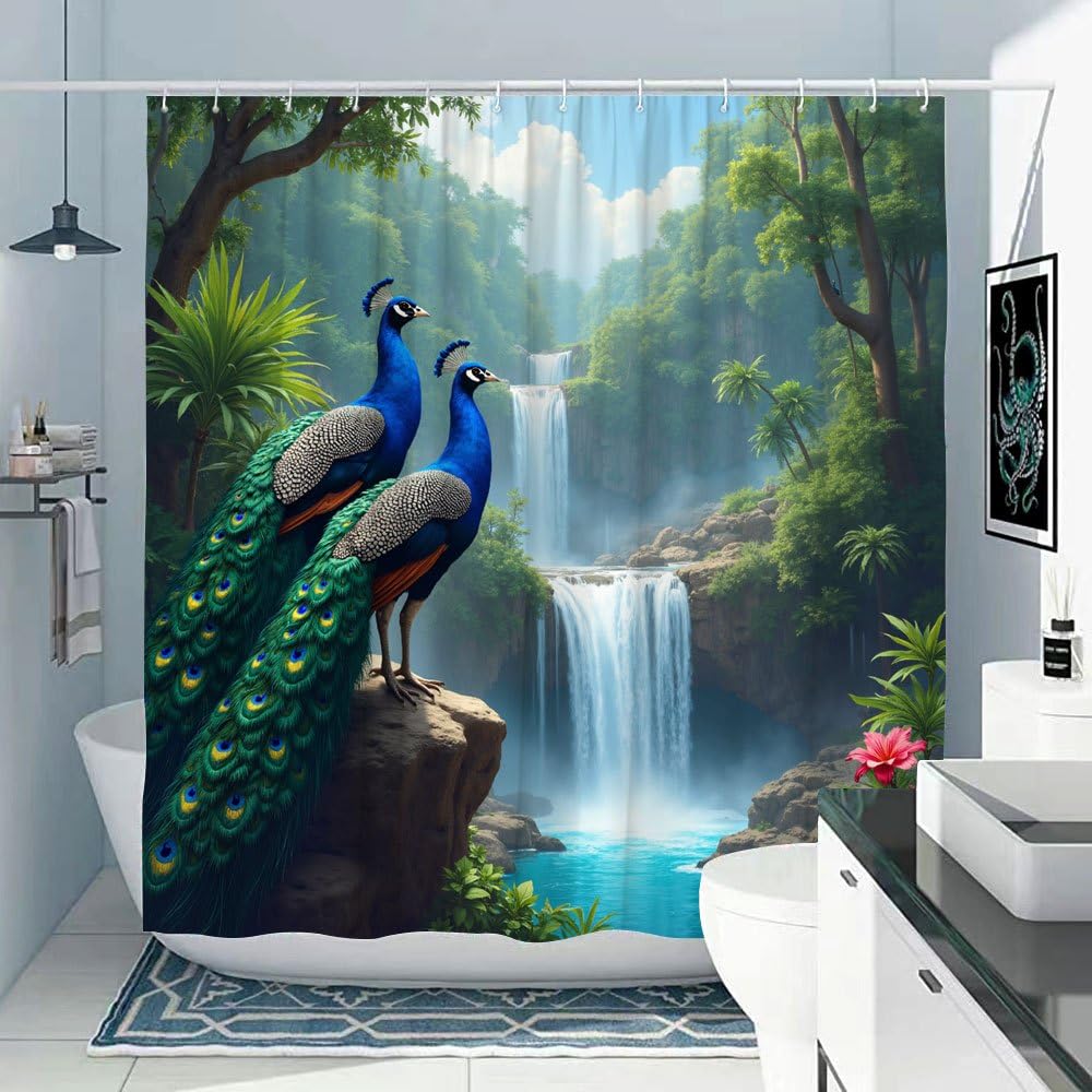 GLWDMB 1 Piece 180x180CM Peacock and Waterfall Landscape Printed Shower Curtain With Hook, Polyester, for Windows And Walls, Bathtub, Bathroom, Machine Washable, All Season Universal
