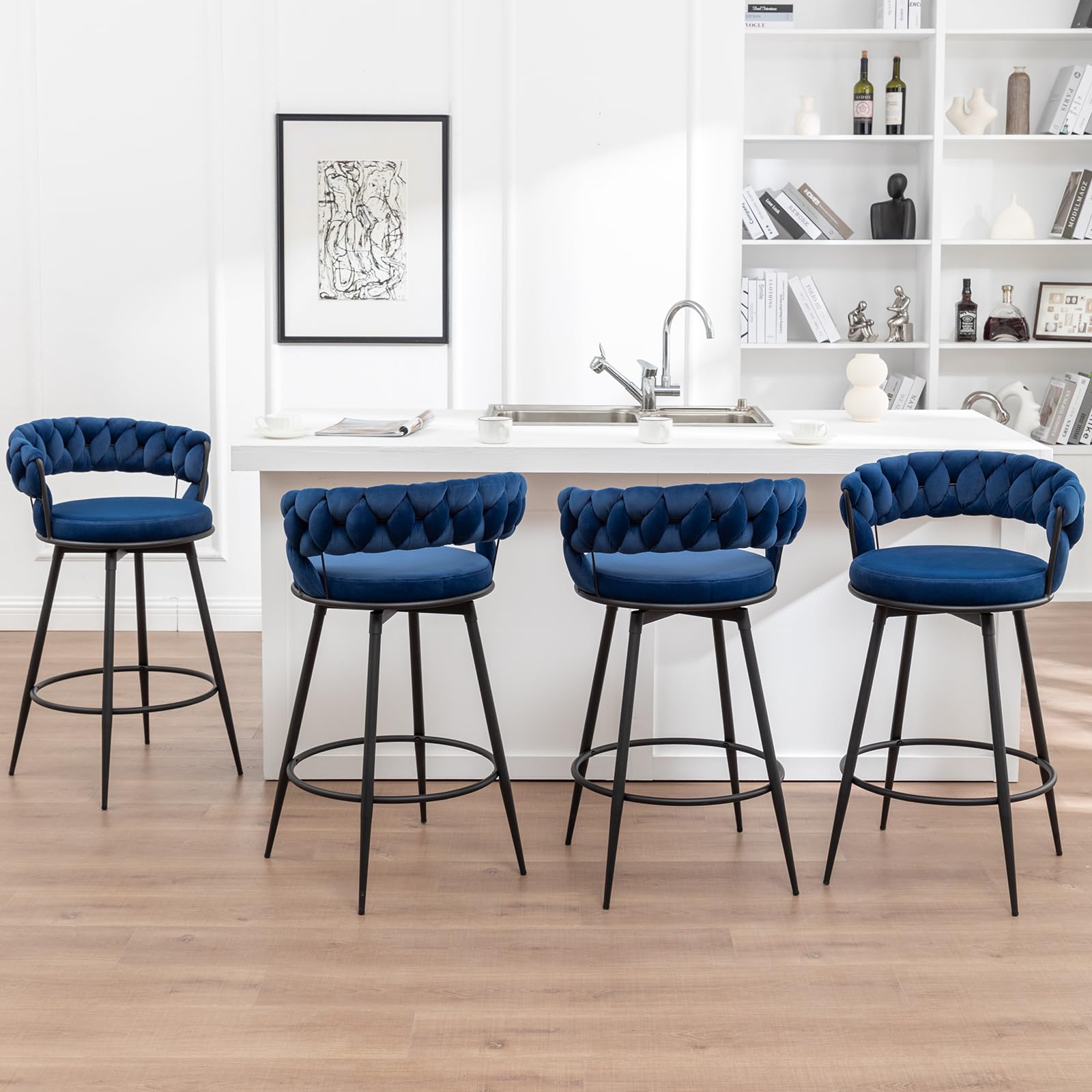 Swivel Bar Stools Set of 4, Modern Barstools with Woven Back, Velvet Counter Height Bar Stools for Kitchen Island, Cafe, Pub, Blue