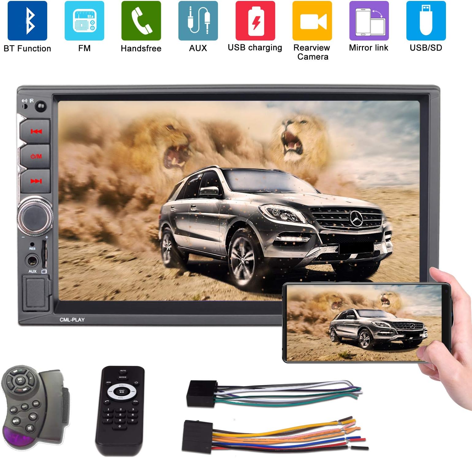 ESSGOO 7 inch Universal Double Din in Dash Stereo，Mirror Link Car Receiver Audio 2 Din Car MP5 Player DVR/BT/FM/Mp3/AUX/TF Card/USB with Steering Wheel Controls Remote Control