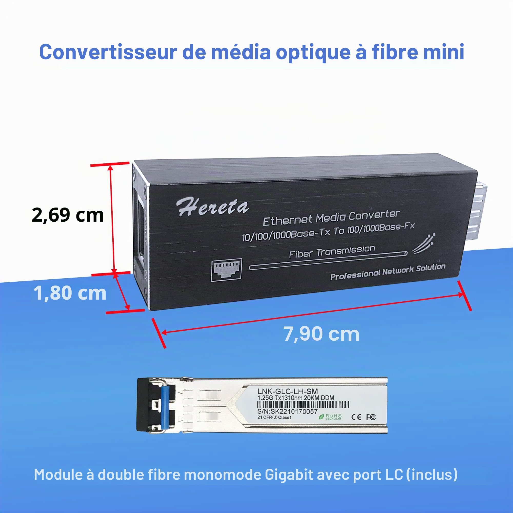 Convertisseur de média Gigabit Ethernet, Convertisseur de média à Fibre Optique avec 1,25G Monomode LC Double Fibre SFP Module, 10/100/1000M RJ45 à 1000Base-SX SFP, 1310nm, 20km