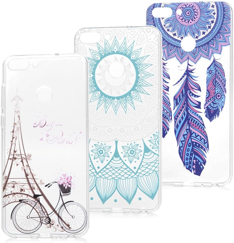 3x Case for Huawei P Smart, Transparent Cover TPU Silicon Rubber Flexible Shockproof Bumper Gel Protective Shell - Tower, Totem, Dream Catcher