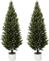 DTNESS 2 Pack 4FT UV Resistant Artificial Cedar Topiary Trees with Pots - Realistic Faux Cypress for Porch Garden Decor