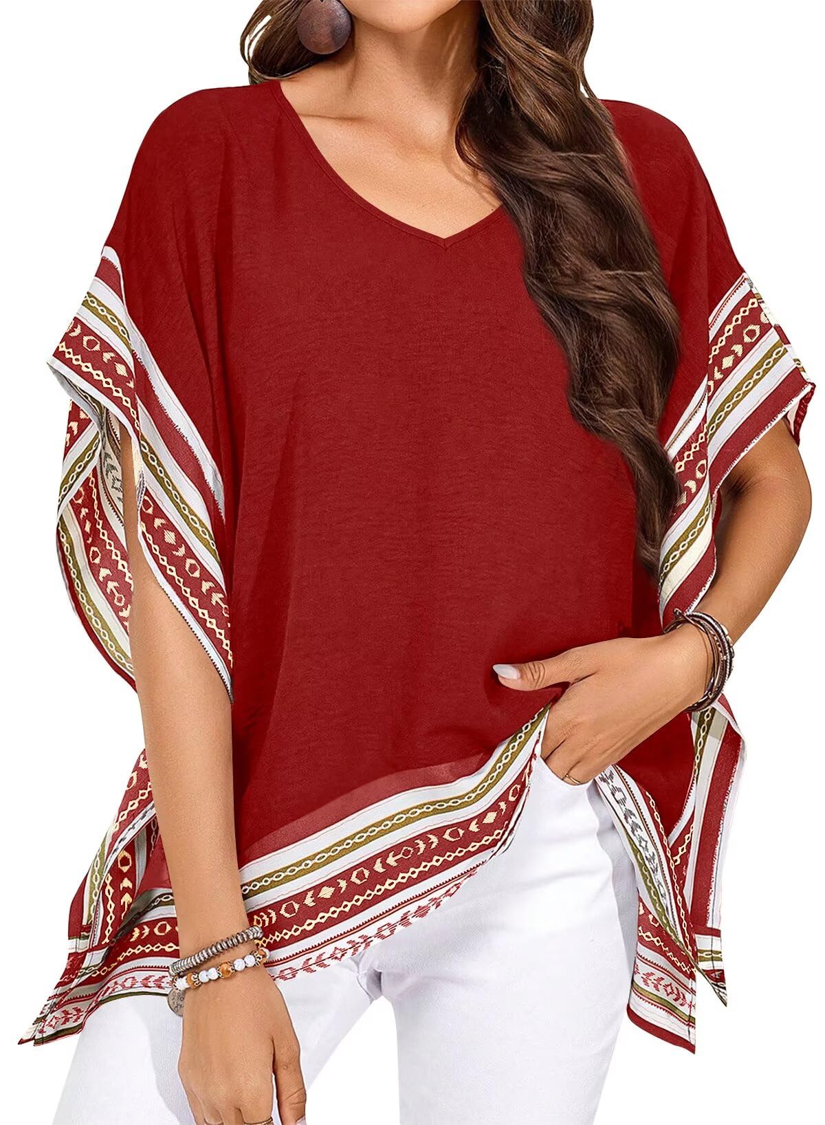 Falechay Women's Casual V Neck Floral Tops Batwing Sleeve Blouse Loose Fitting Shirts Boho Flowy Side Slit Tees