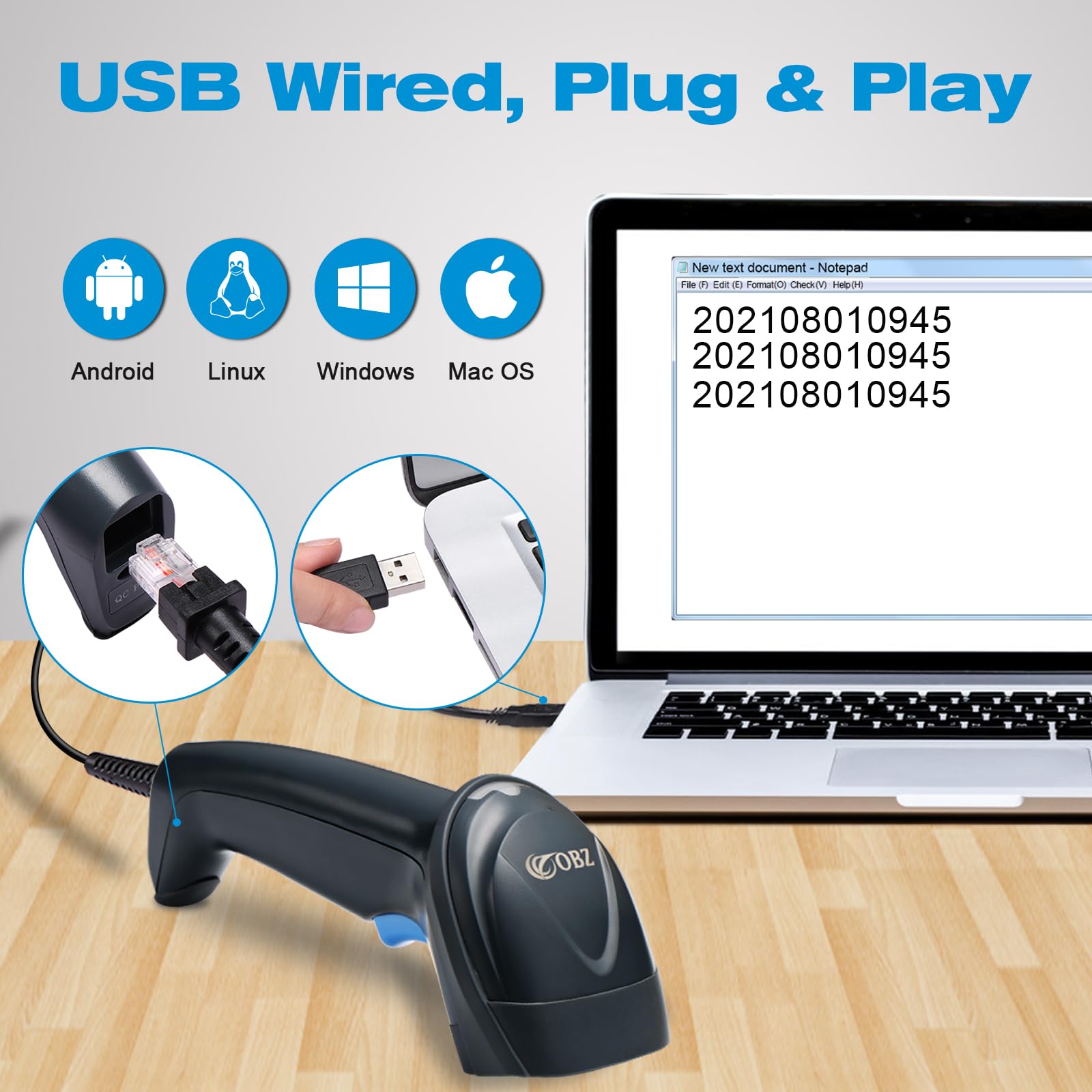 OBZ Douchette USB Scanner Code Barre 2D Filaire, Lecteur QR Code 1D PDF417 Data Matrix pour Supermarchés Mobile Payment Bibliothèques Compatible Windows POS Linux