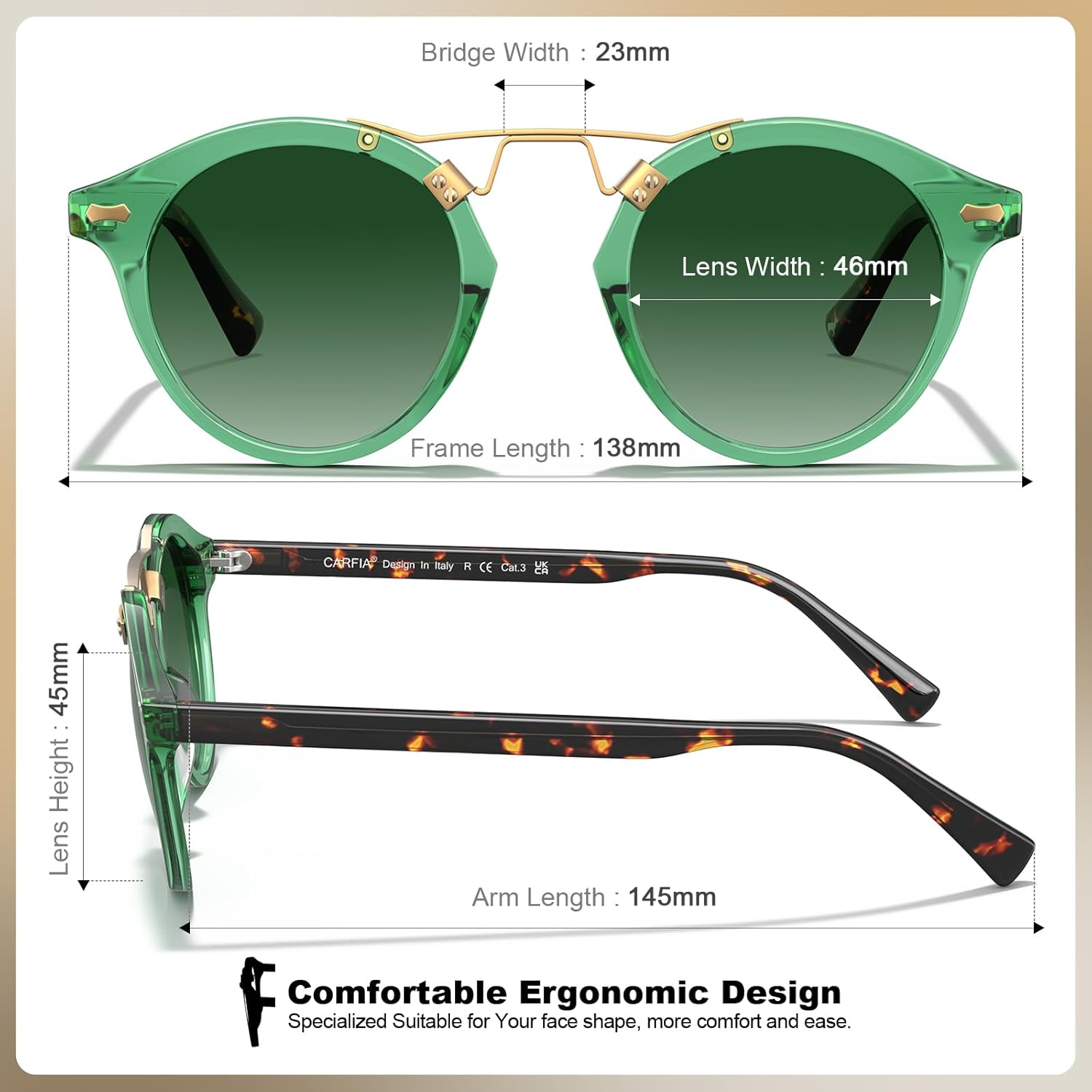 CARFIA Small Face Acetate Polarized Sunglasses for Women UV Protection, Retro Double Bridge Eyewears Metal Brow Round Sunnies - Image 6