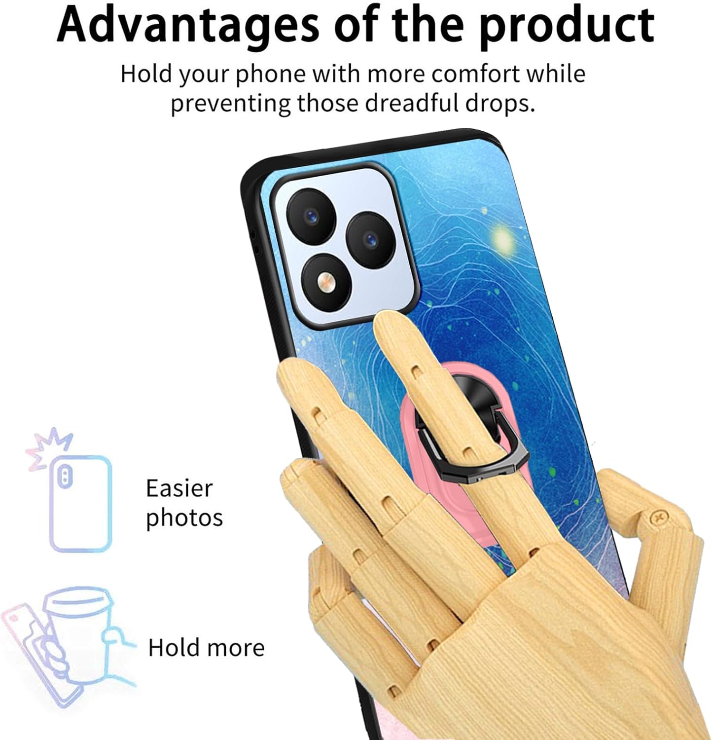 for Vortex J24 Case Tempered Glass Screen Protector+360° Rotatable Ring Holder Kickstand, [Blue-Pink Gradient Starry Sky Art Design] Slim Fit TPU Vortex J24 Phone Cover | Magnetic Car Holder - Image 9