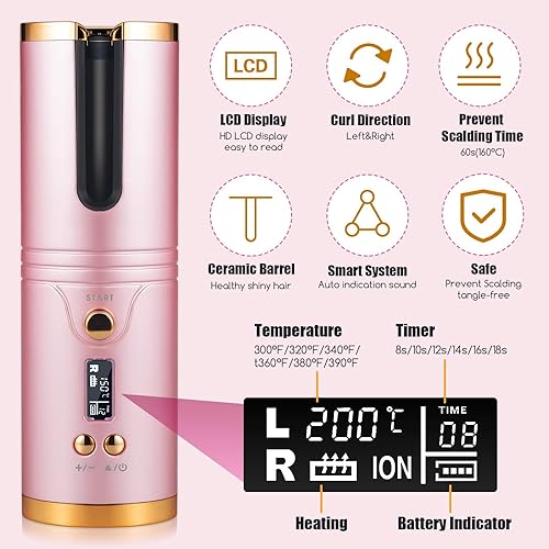 Miniatura 2 de Rizador de pelo automático inalámbrico con pantalla LCD, 6 temperaturas y temporizadores, rizador recargable portátil, apagado automático, plancha