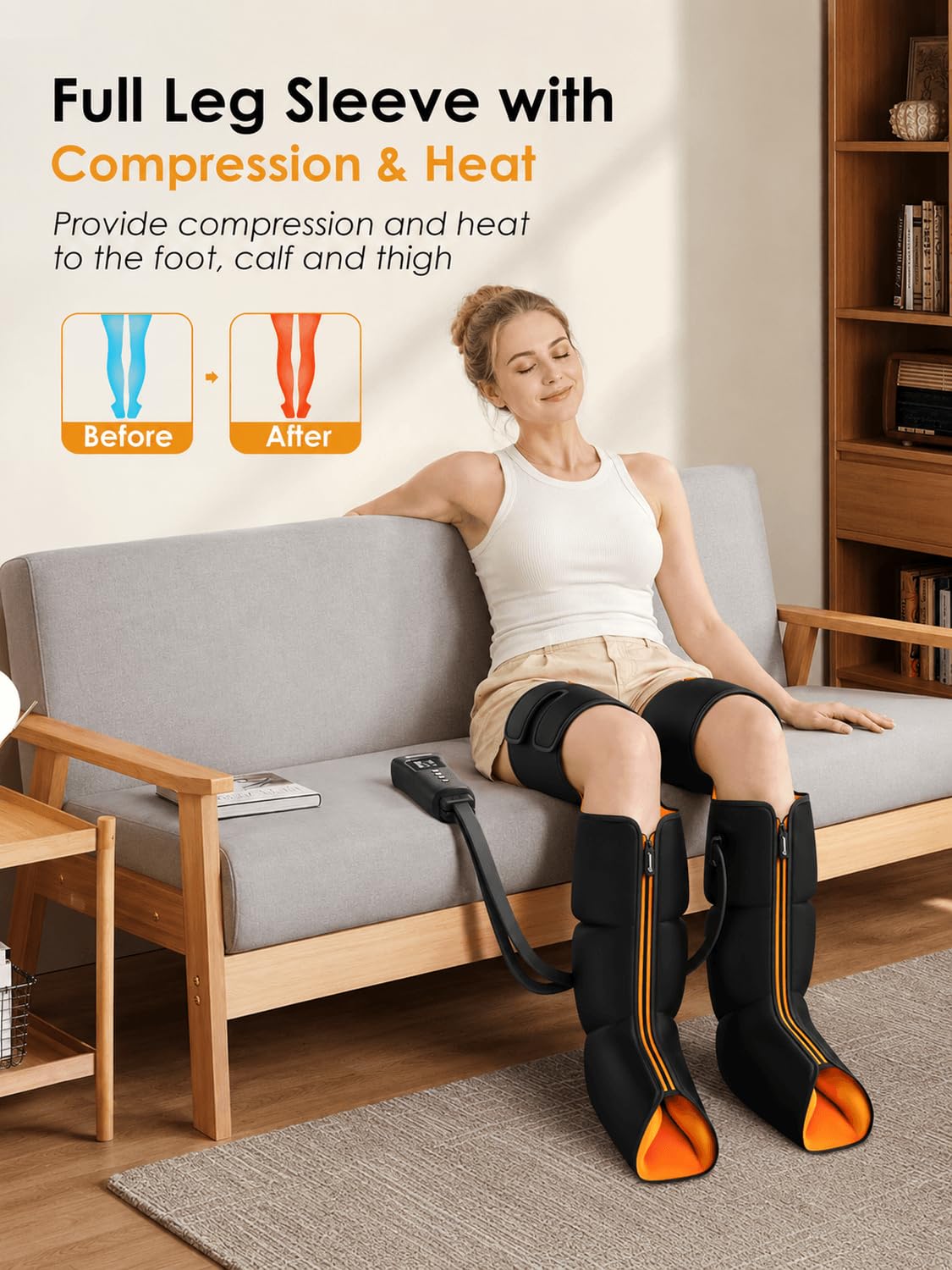 Massaggiatore per gambe con calore e compressione d'aria, massaggio per polpacci e cosce per circolazione e sollievo dal dolore, dispositivo di compressione sequenziale per gambe gonfie, 3 intensità 6