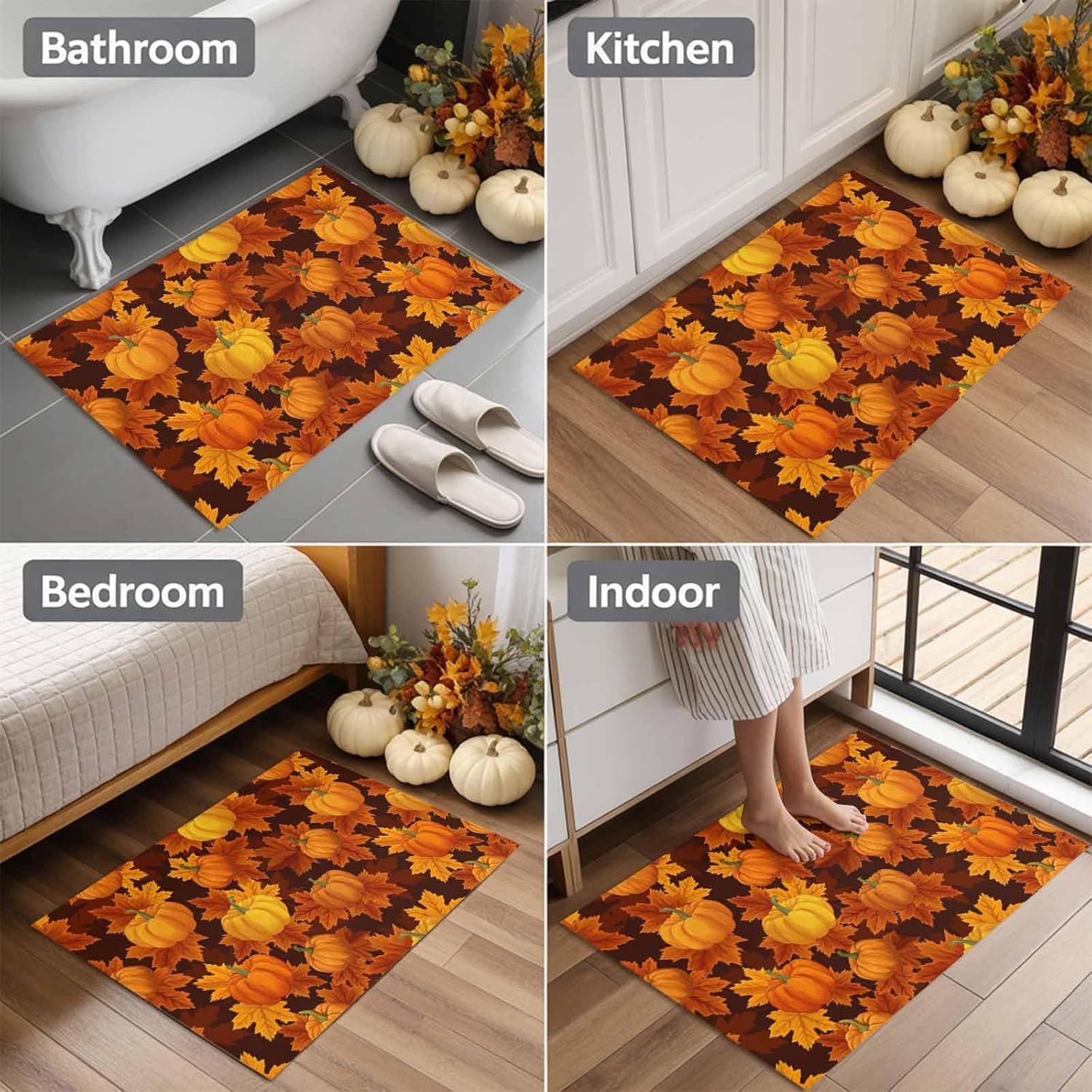 Fall Welcome Mat Thanksgiving Pumpkin Indoor Doormat,Autumn Maple Leaf Floor Door Mat Orange Watercolor Non-Slip Entrance Rugs,Farm Leaves Seamless Water Absorbent Bath Rug for Bedroom 18x30in