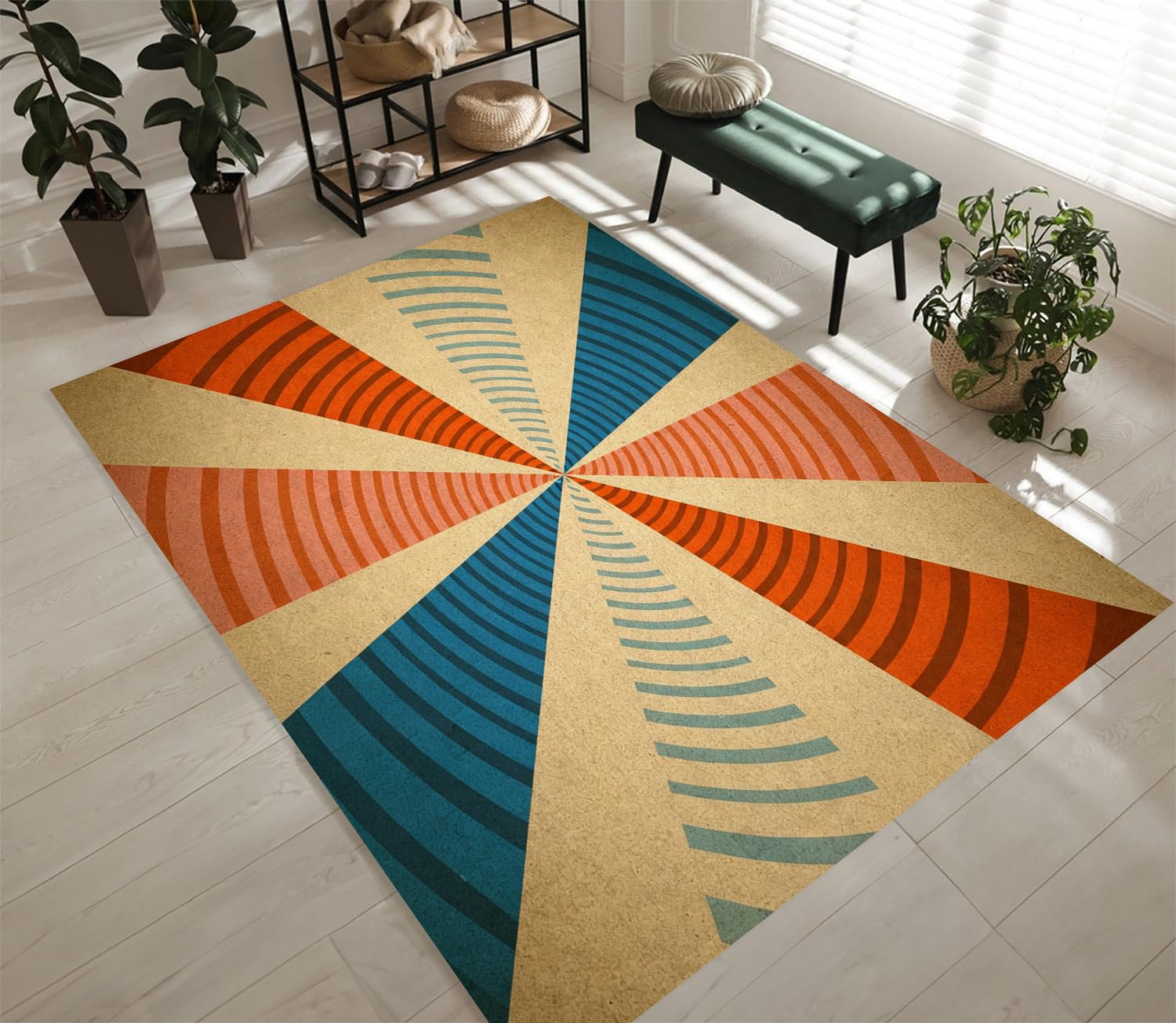 Tapis géométrique lavable et antidérapant à poils ras doux pour salon et cuisine