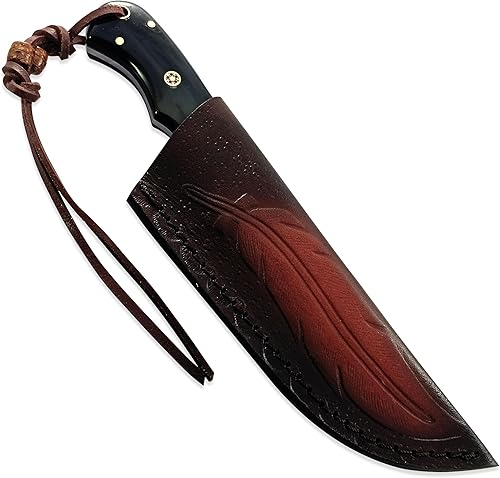 Miniatura 8 de Cuchillo de caza de Damasco con funda de cuero, ideal para desollar, acampar, al aire libre, cuchillo de bushcraft de hoja fija EDC con funda de