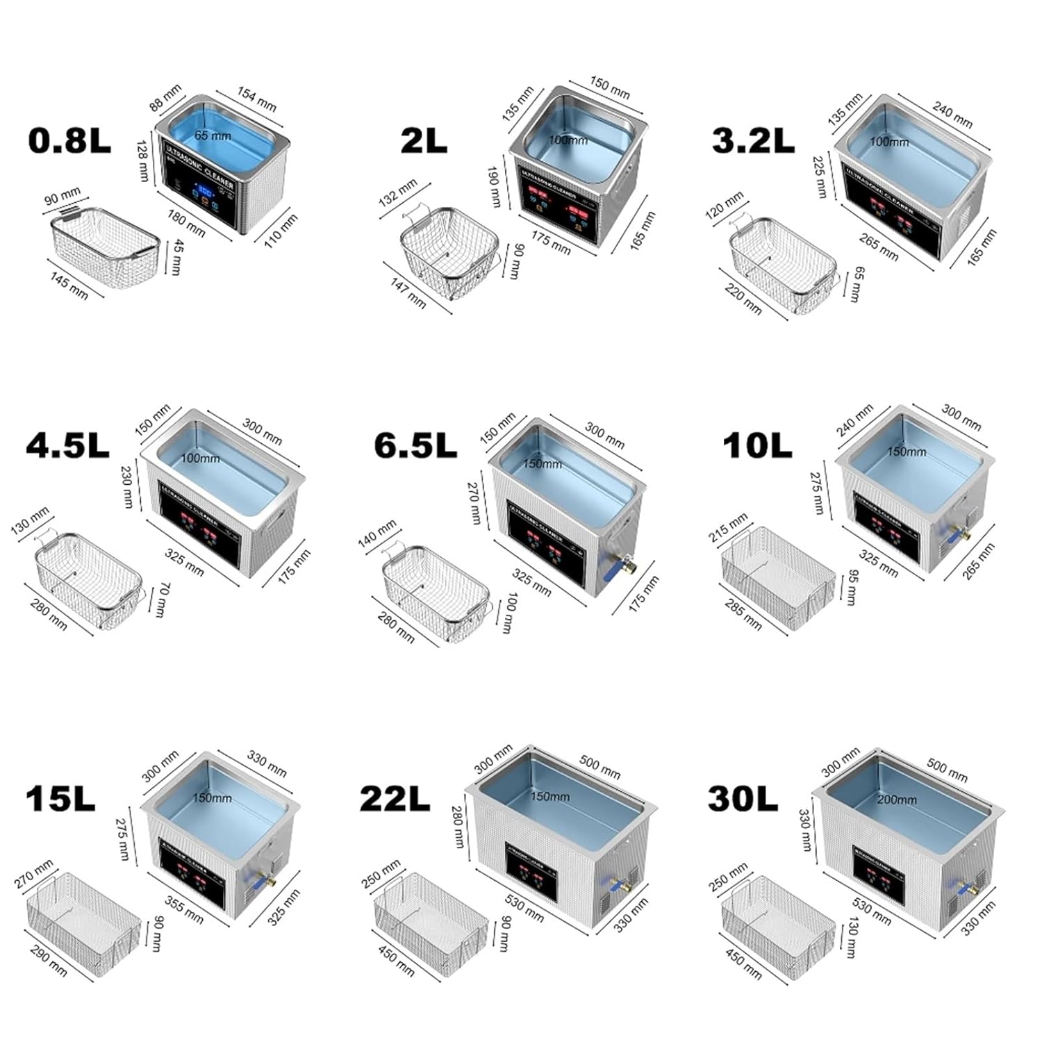 2L 3L 4L 6L 10L 15L 22L 30L Digital Ultrasonic Bath 600W Heater Timer Degas Clean Basket Ultrasound Cleaner Cleaning Tool(008S-60W-0.8L,UK)
