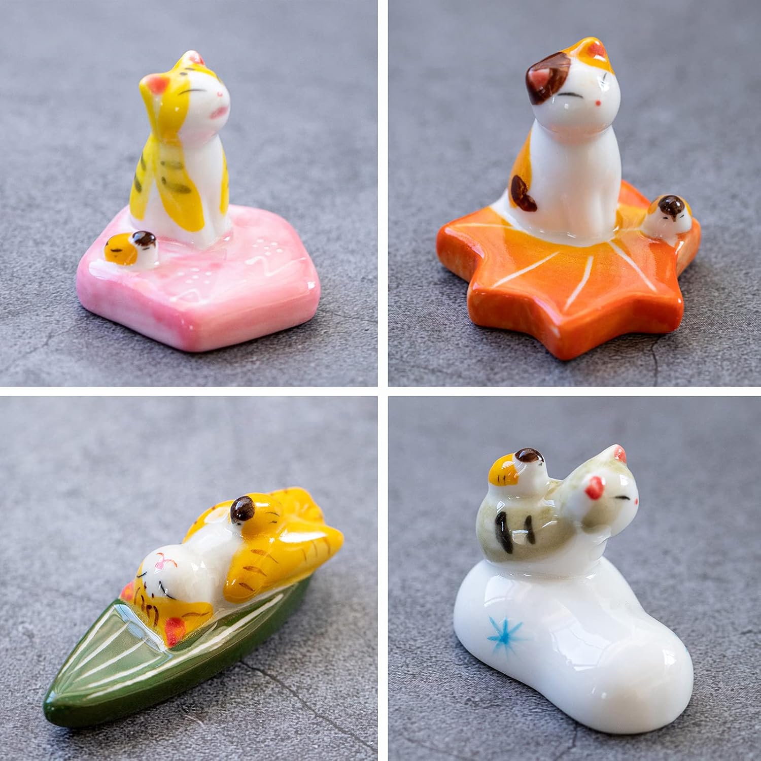 Cute Lucky Cat Chopsticks Holder (Set of 4) Japanese Style Ceramic Cat Chopstick Rest Set Dinner Spoon Stand Knife Fork Holder