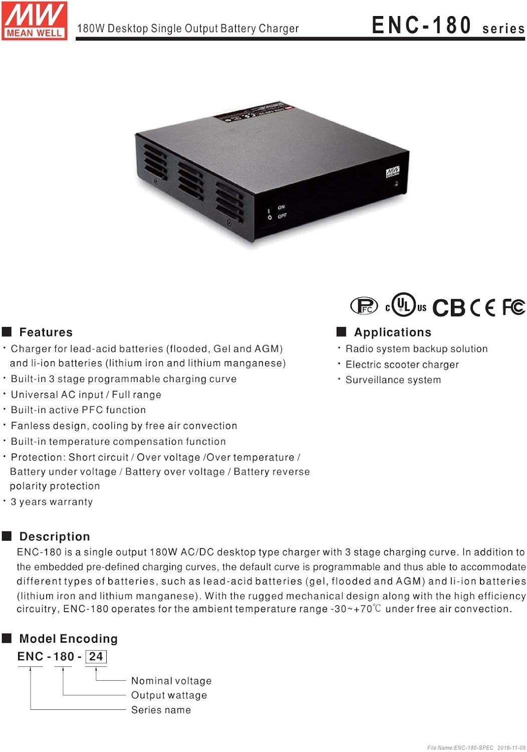 MEAN WELL ENC-180-24 180W Desktop Single Output Battery Charger Meanwell ENC-180-24