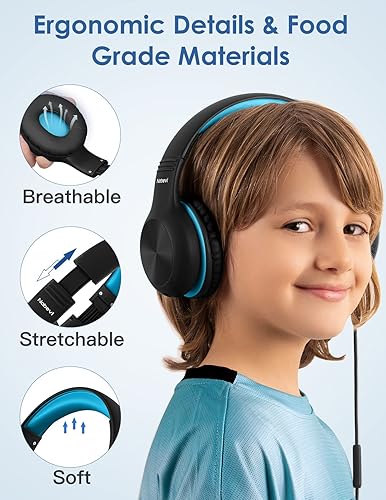 Miniatura 75 de Auriculares para niños con cable, auriculares sobre la oreja para niños con micrófono, límite de volumen de 85/94 dB, auriculares para niños y niñas