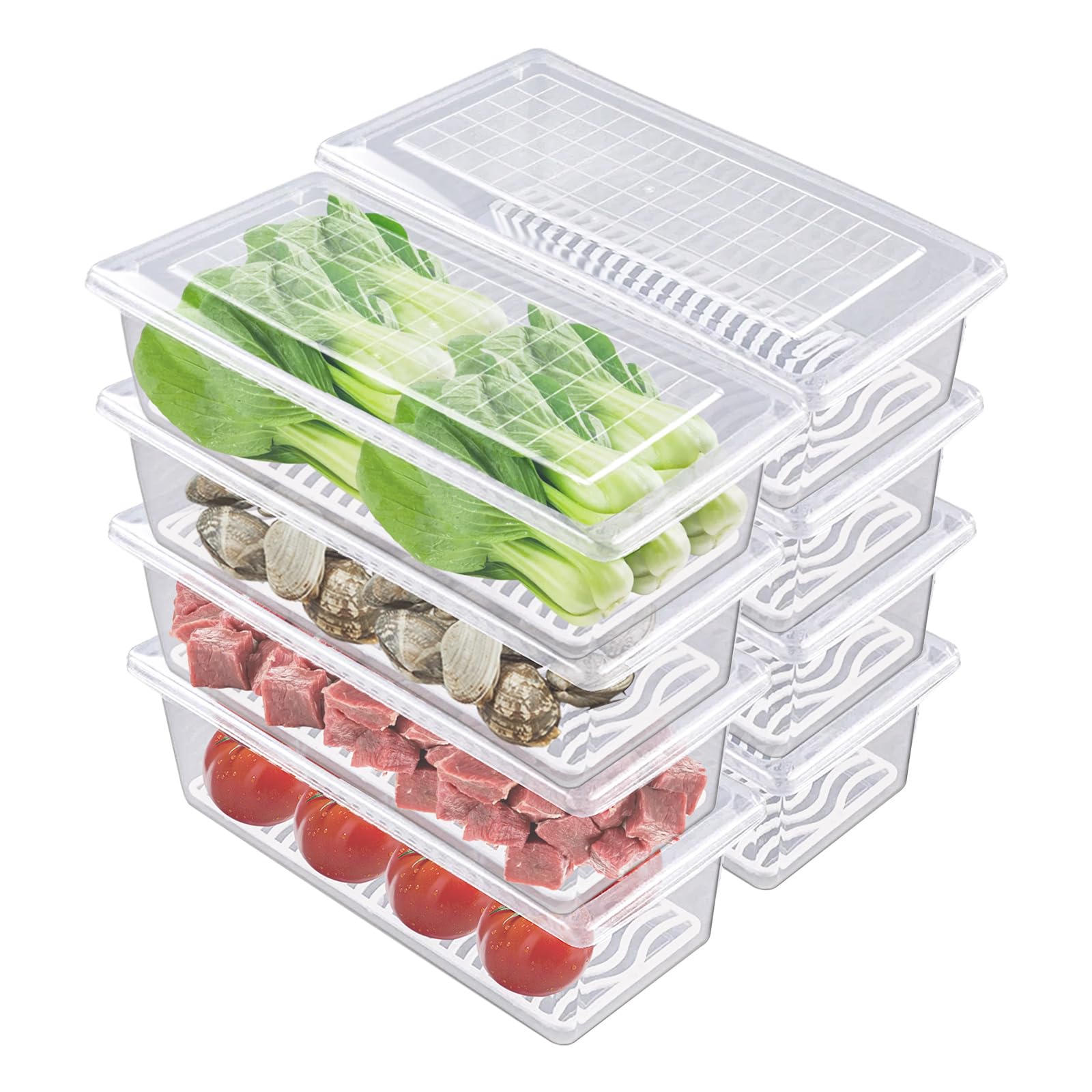 WOPPLXY 8 PCS Produce Saver Container with Drainer Grid, 1.5L Plastic Fridge Storage Organiser, Stackable Food Storage Containers for Fresh Fruits, Vegetables, Seafood
