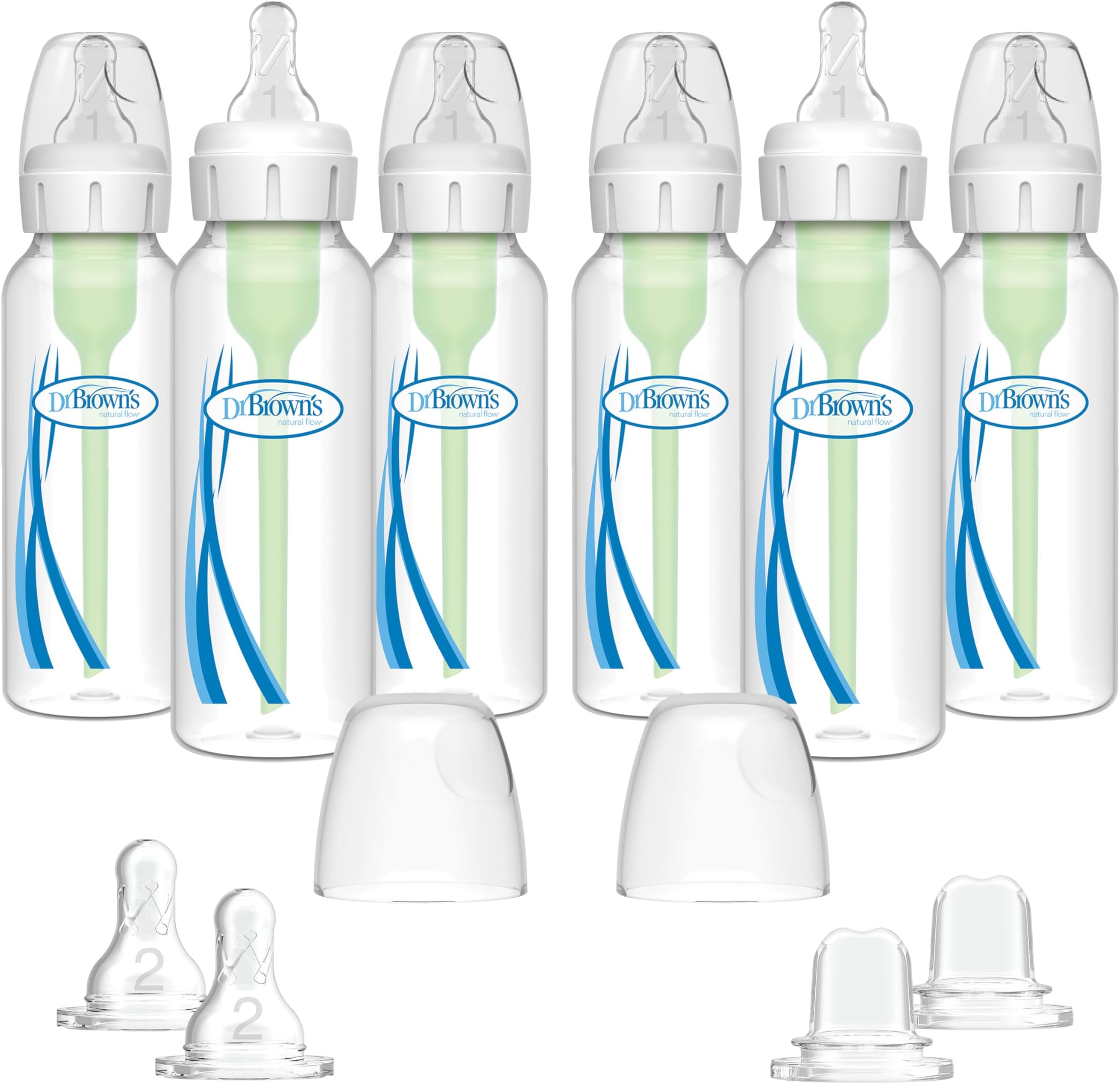 Dr. Brown's Options Plus Baby Bottles, 8 Ounce, 6 Count Plus 2 Bonus Level 2 Nipples and Sippy Spouts
