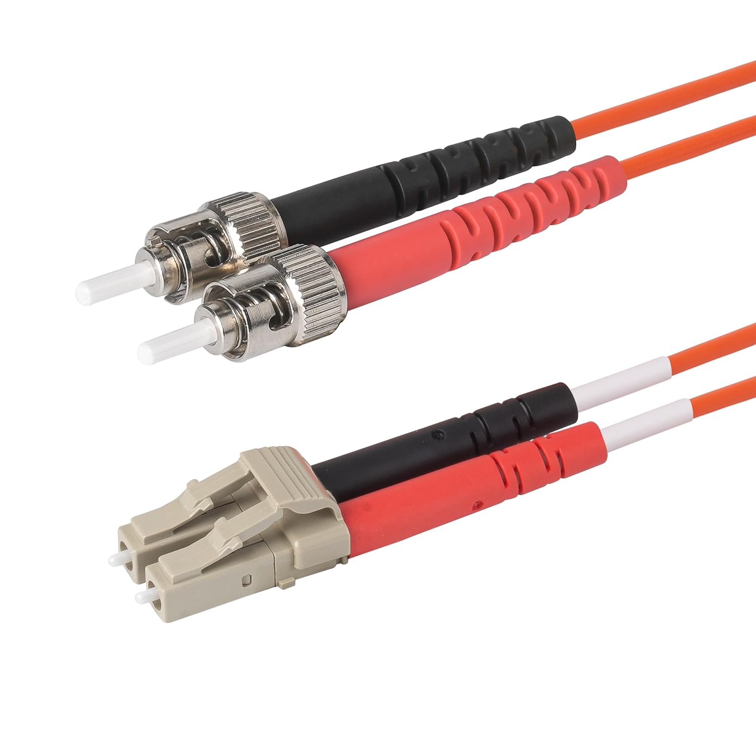 SpeedyFiberTX 6-Pack 2 Meter ST to LC Fiber Optic Patch Cable, Red and Black Boots, Corning InfiniCor Multimode OM1 62.5/125um Optical Fiber, Duplex Orange Riser OFNR Cable Jacket