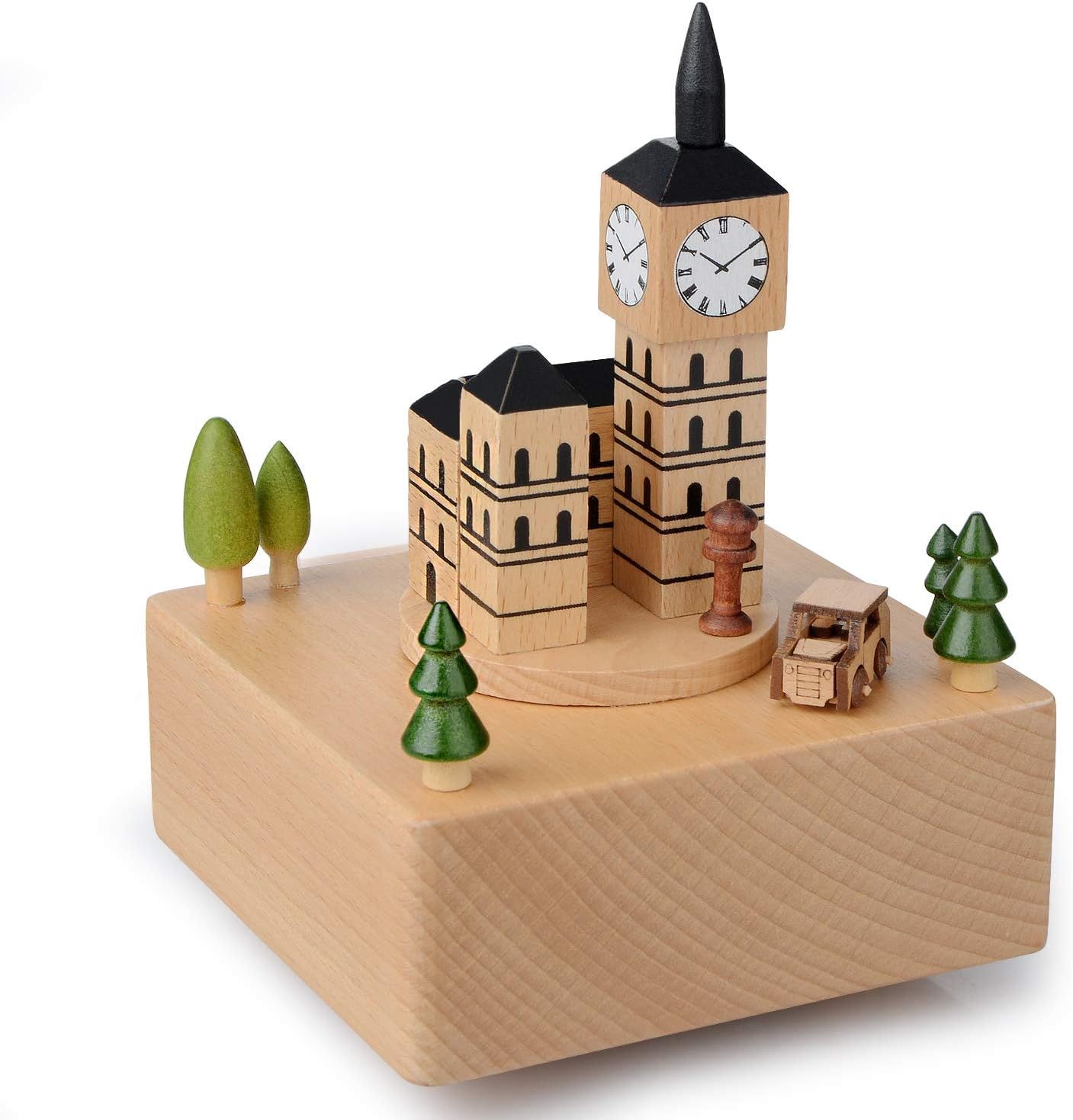 TakefunsWooden Musical Box Valentine's Day Birthday Gift Travel Gift,London Big Ben with Small, Moving Magnetic Car - Plays The Canon Song