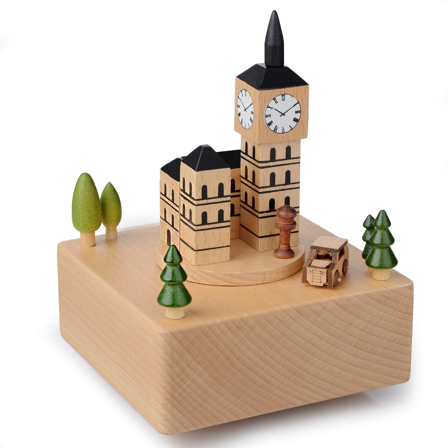 TakefunsWooden Musical Box Valentine's Day Birthday Gift Travel Gift,London Big Ben with Small, Moving Magnetic Car - Plays The Canon Song