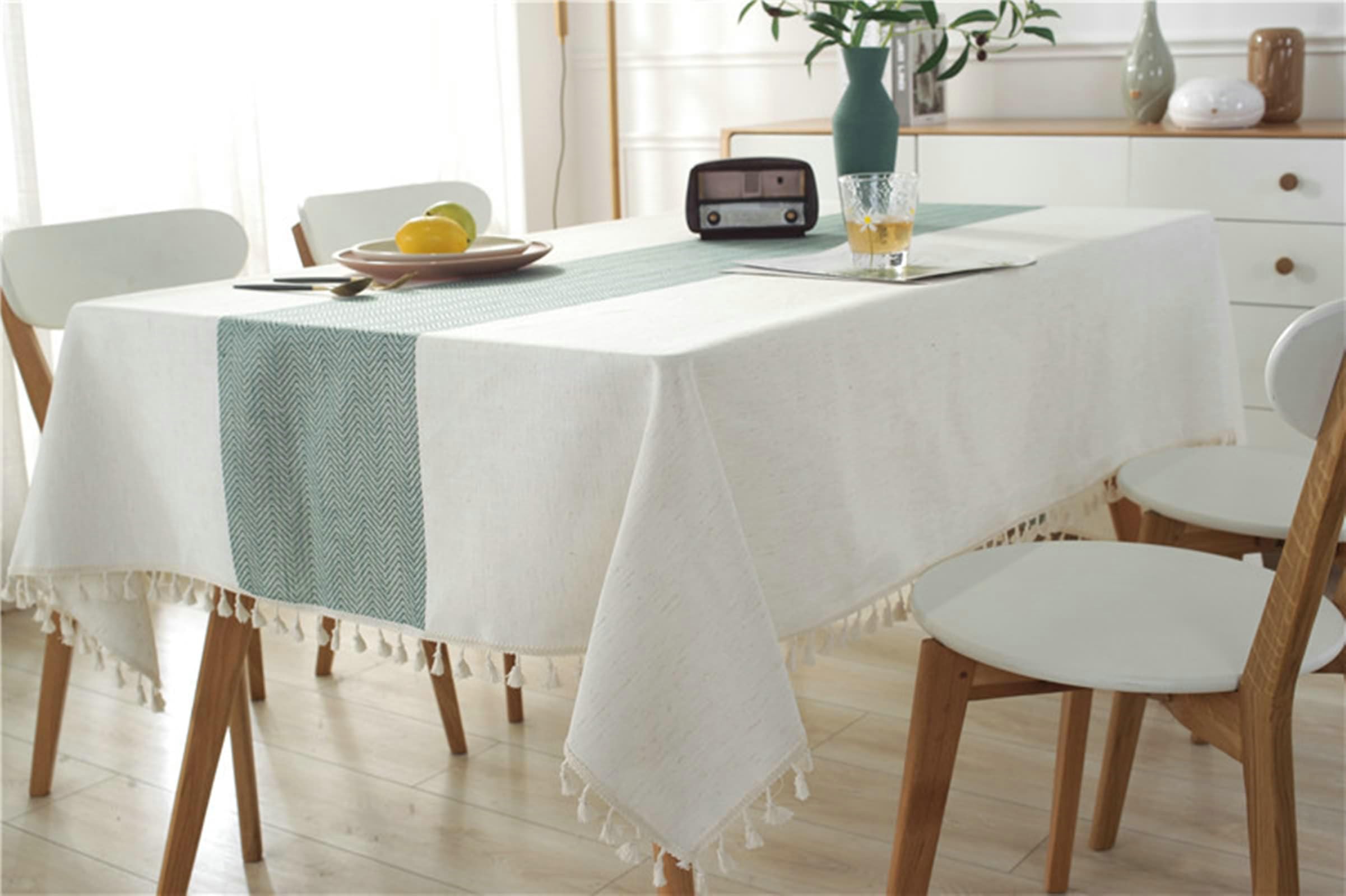 Gualiy Mantel Mesa Comedor Rectangular, Lino Poliéster Manteles Mesa Cafe 140x200CM Mantel Antimanchas Salon Rayas Onduladas con Borlas Manteles para Mesa Cocina, Verde