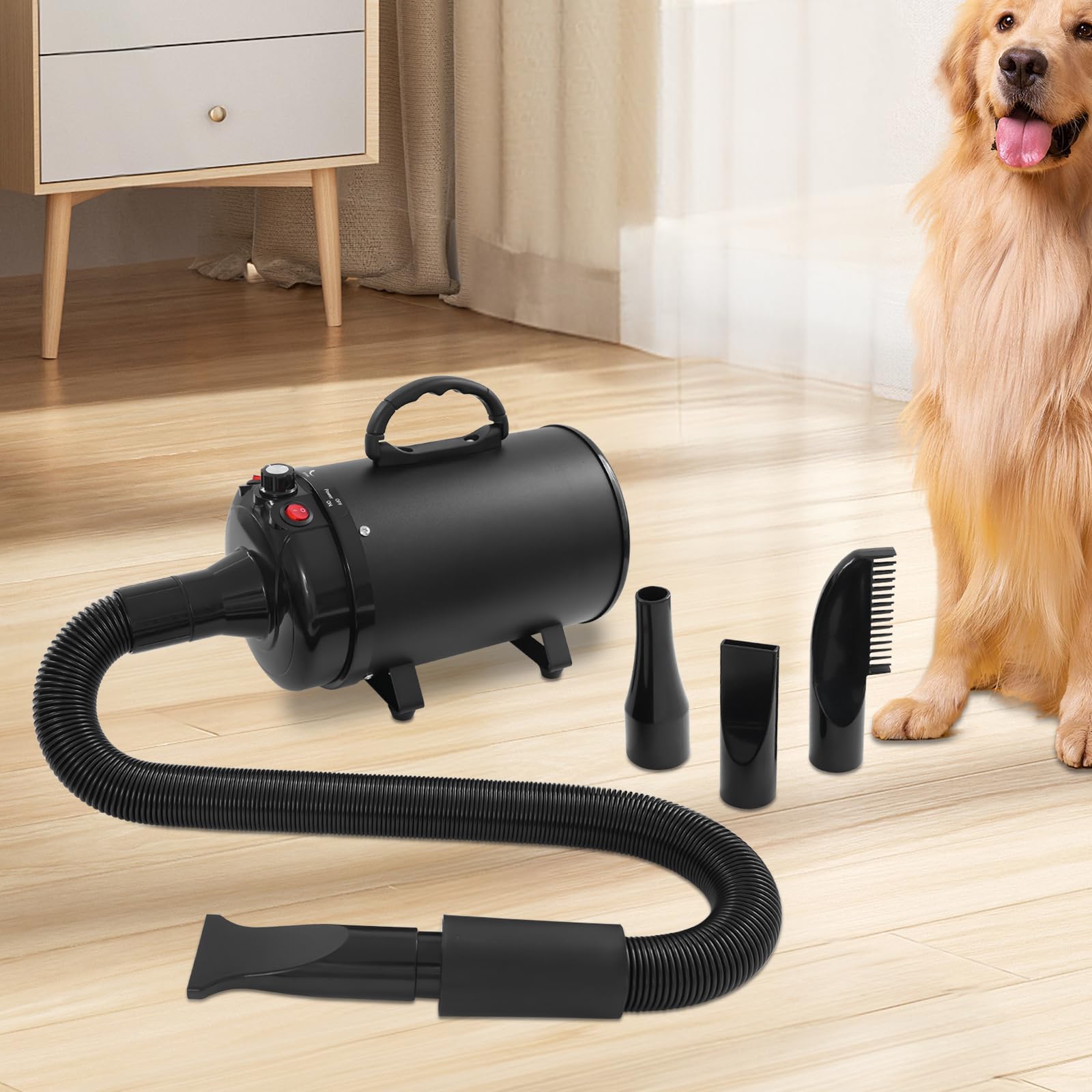 Hundefön Blower mit 4 Düsen - 2200W Profi Blower Hund, Leiser Hundepflege Trockner Gebläse für Hunde und Katzen (Schwarz)