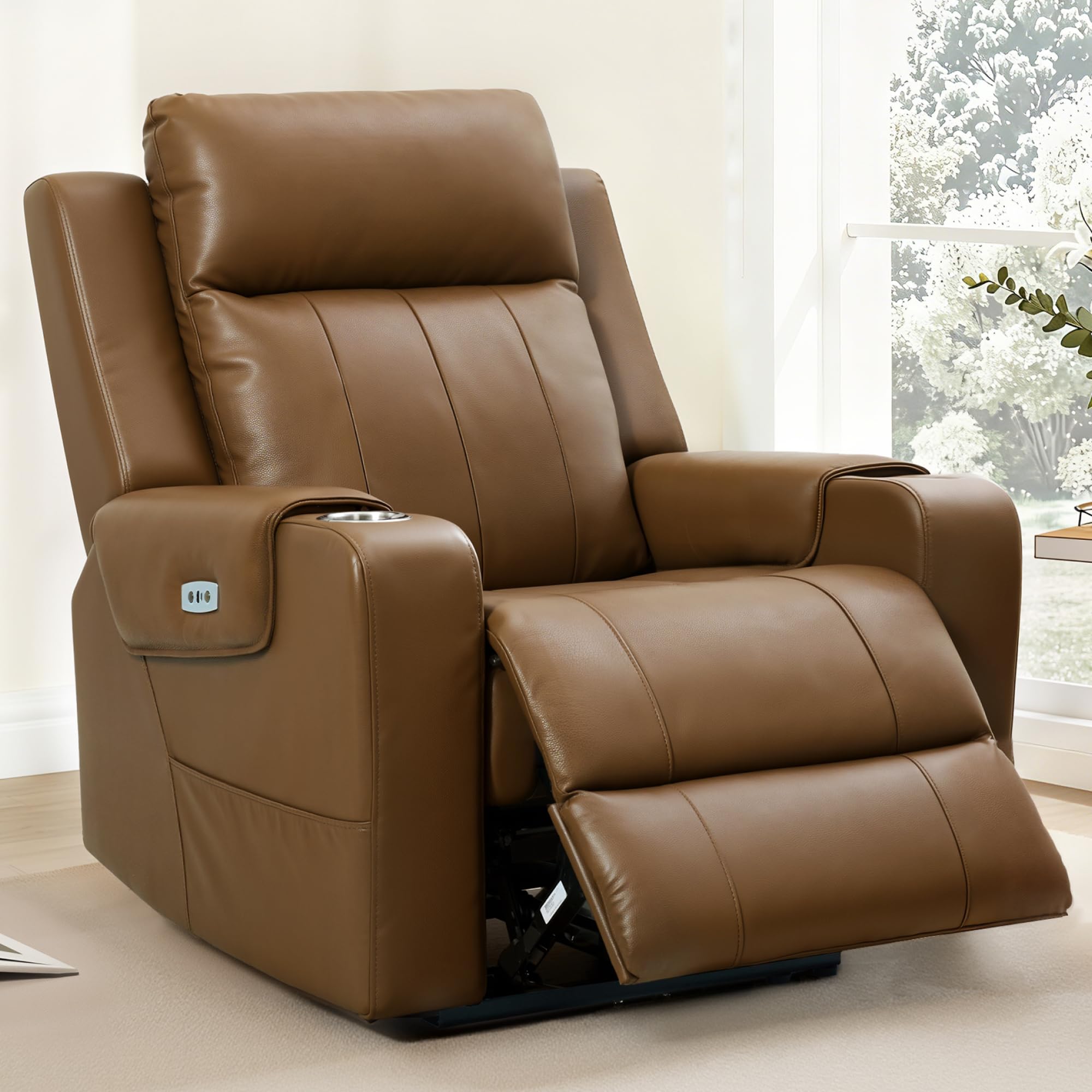 FLEXISPOT Truffle Genuine Leather Power Recliner for Adults, Electric Zero-Wall Hugger 1.2" Clearance RV Recliner w/Adjustable Headrest, Massage &
