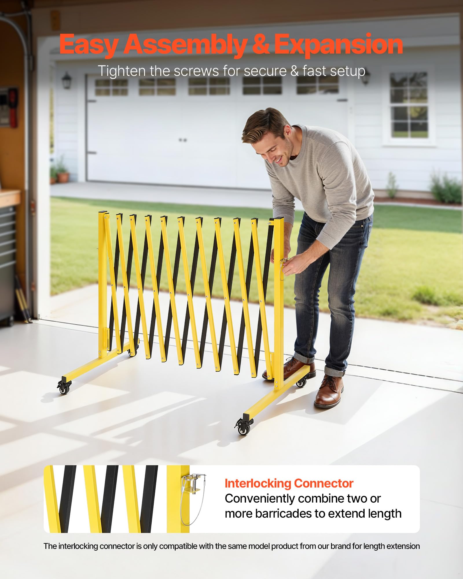 VEVOR Barricada Extensible de 3,94 m, Barrera de Seguridad Plegable con Rueda y Freno, Valla Metálica Portátil de Aleación de Aluminio, para Obra Construcción Control de Espacios, Color Negro Amarillo
