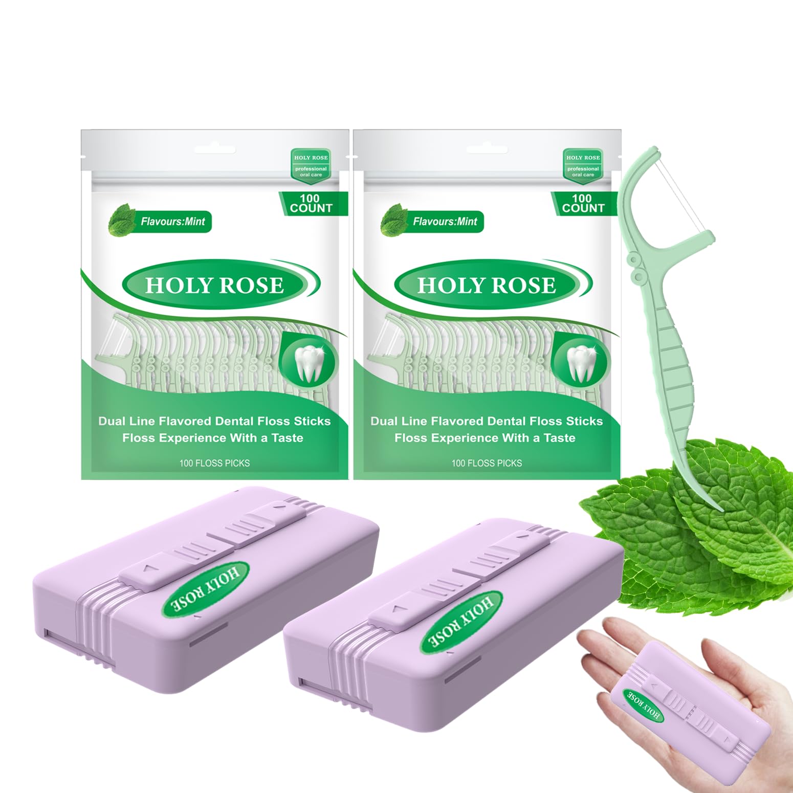 Holy Rose Travel Dental Floss Dispenser - 2 Pack Mint Flavored Refill Floss Picks with Portable Case - 220 Count Twin-Line Flossers & Toothpicks