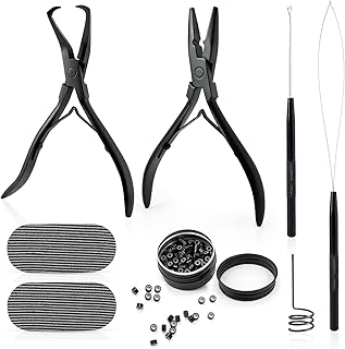 Gomake Microlinks Hair Extensions Kit, Hair Extension Closer and Removal Pliers, Micro Beads Pulling Hook & Microbead Loop Tool, Micro Links Silicone Rings Bead 200PCS (BLACK)