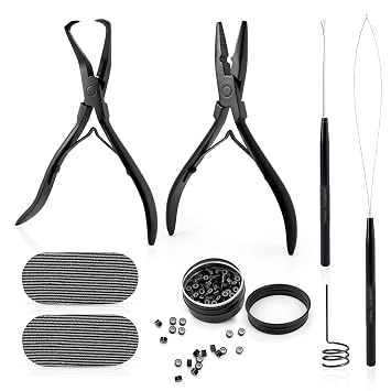 Gomake Microlinks Hair Extensions Kit, Hair Extension Closer and Removal Pliers, Micro Beads Pulling Hook & Microbead Loop Tool, Micro Links Silicone Rings Bead 200PCSBlack