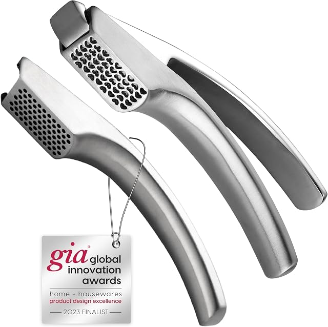 Garlic Press Stainless Steel - No Need to Peel Garlic Mincer Combo for Fine and Coarse Mince - Garlic Crusher - Easy Cleaning- Garlic Presser + Masher - 5 Year Warranty