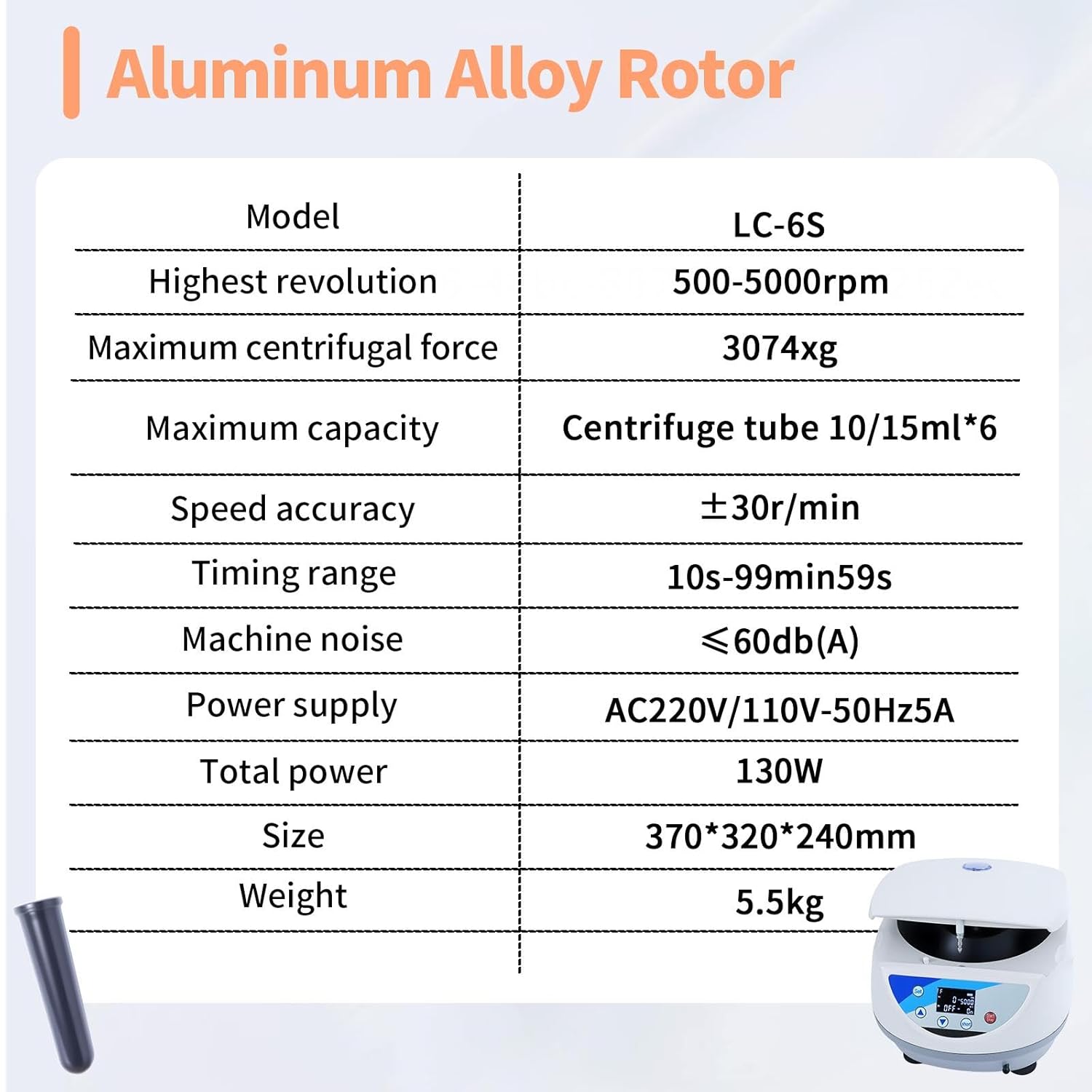 Digital Lab Centrifuge 6 x 10/15ml Capacity Test Tubes, Speed 500-5000 R/min + Timer/Continuous Mode, Max 3074xg RCF with LCD Display for Scientific Research, Liquid Separation & Vet Labs