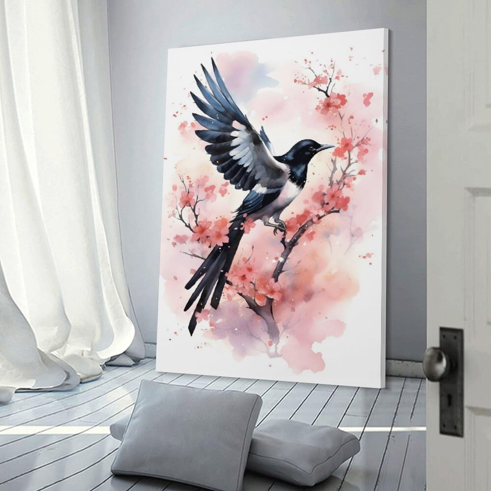 Junmoney Cherry Blossom Magpie Art Print Canvas Wall Decor, 12x18inch(30x45cm), for Home Walls, Creative Rooms Or Shared Spaces, Stylish Home Artwork for Focal Walls